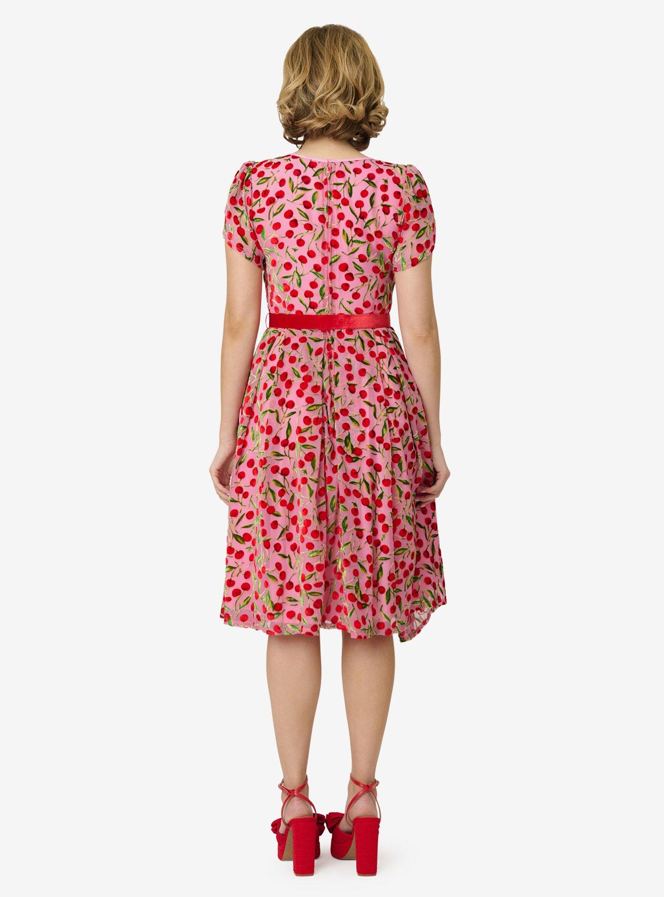 Unique Vintage Pink Velvet Cherries Dahlia Swing Dress, , hi-res