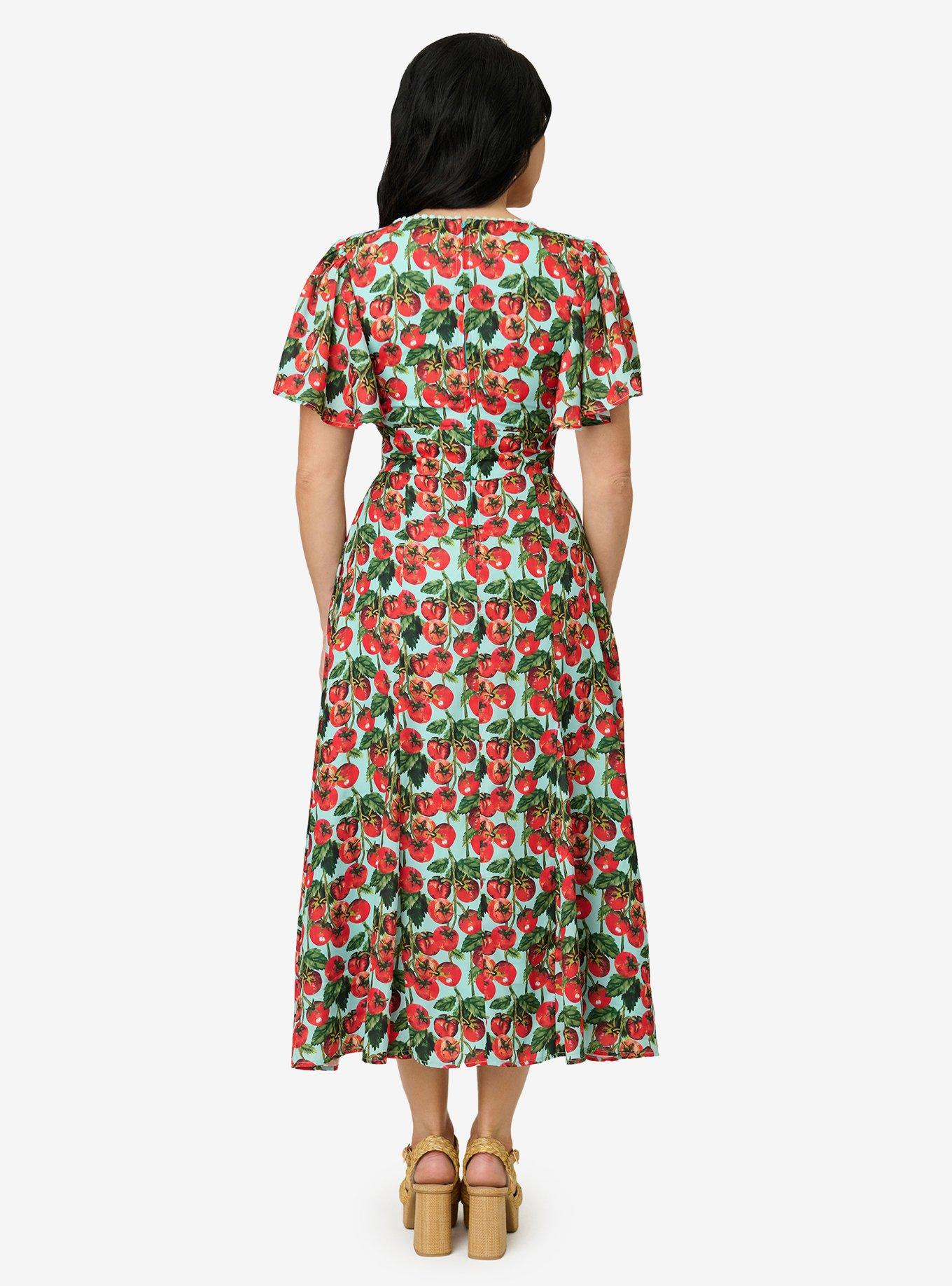 Unique Vintage Cherry Tomato Midi Dress, , hi-res