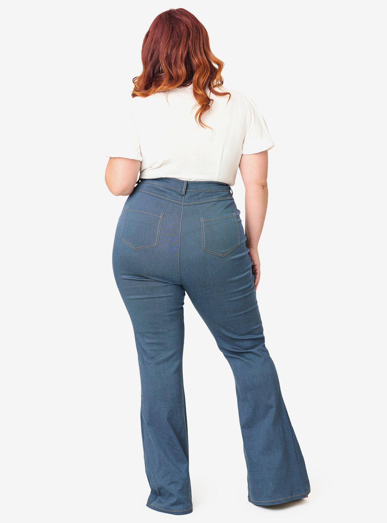 Unique Vintage Plus Size Denim Strawberry Embroidered Flare Pants, , hi-res
