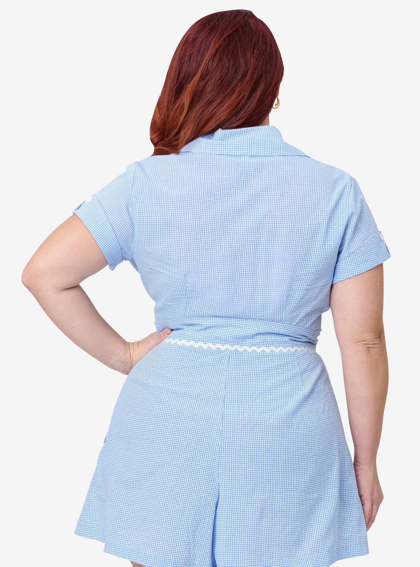 Unique Vintage Plus Size Blue Gingham & Veggie Embroidery Shirley Crop Top, , hi-res