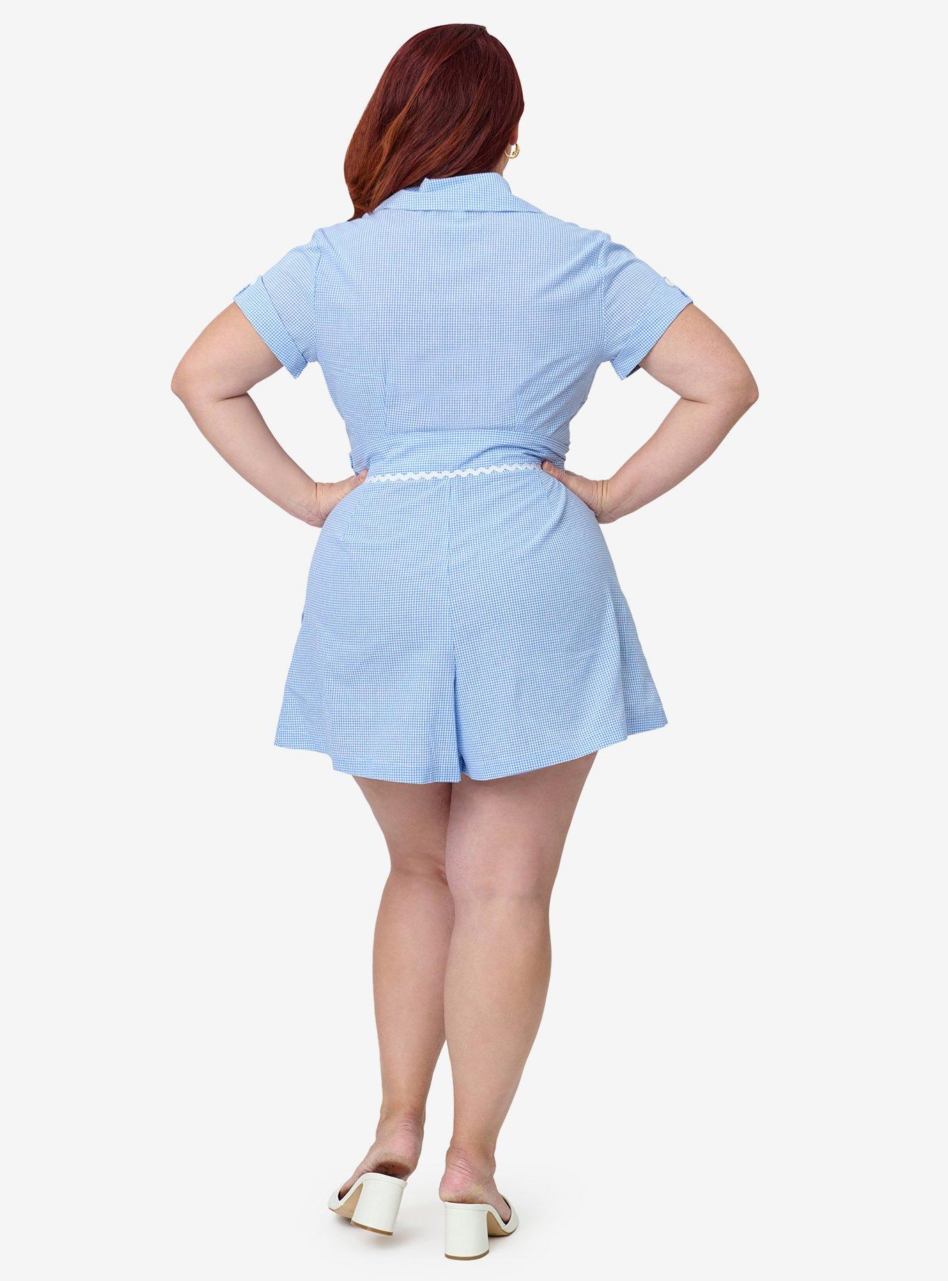 Unique Vintage Plus Size Blue Gingham High Waist Shorts, , hi-res