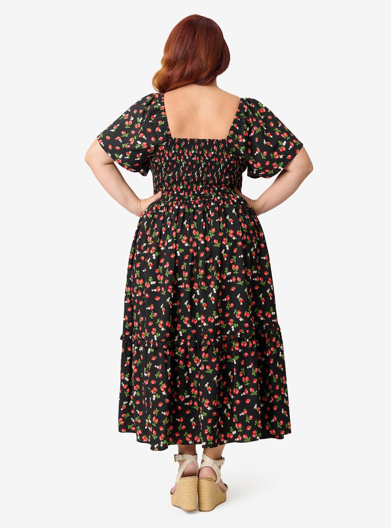 Unique Vintage Plus Size Black & Strawberry Print Smocked Bodice Midi Dress, , hi-res