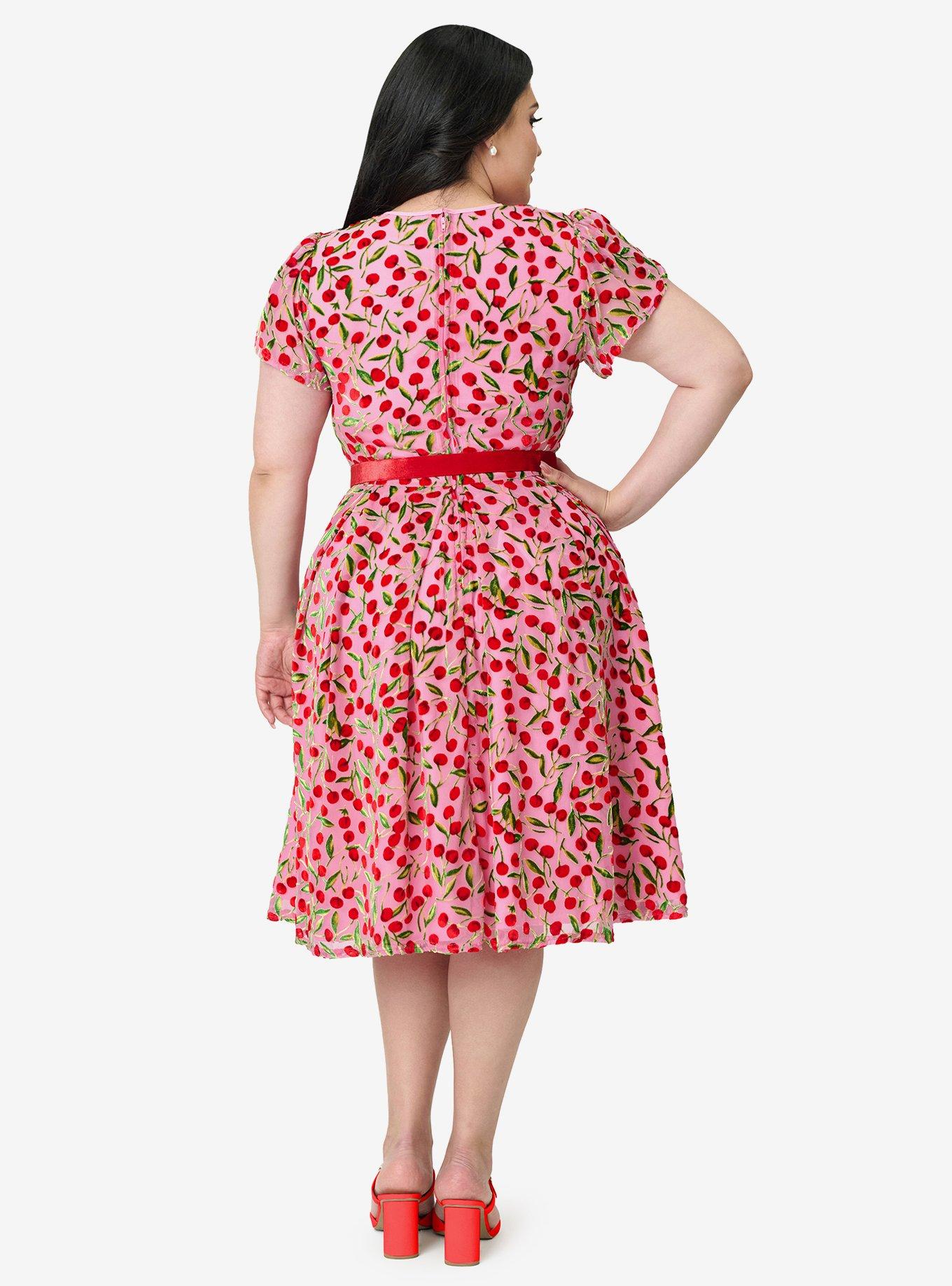 Unique Vintage Plus Size Pink Velvet Cherries Dahlia Swing Dress, , hi-res