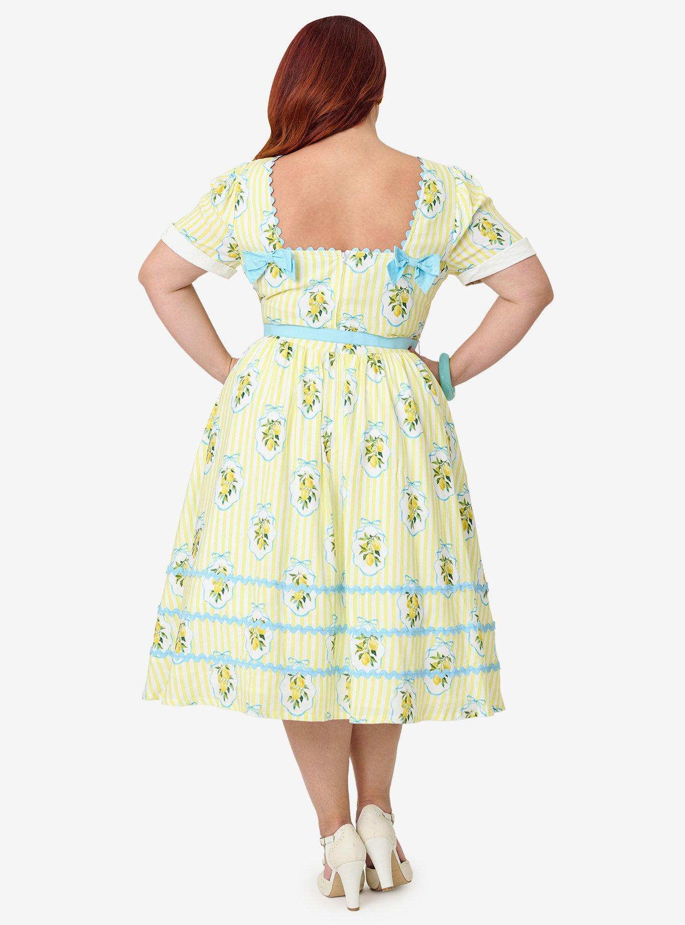 Unique Vintage Plus Size Yellow Lemon Striped Swing Dress, , hi-res