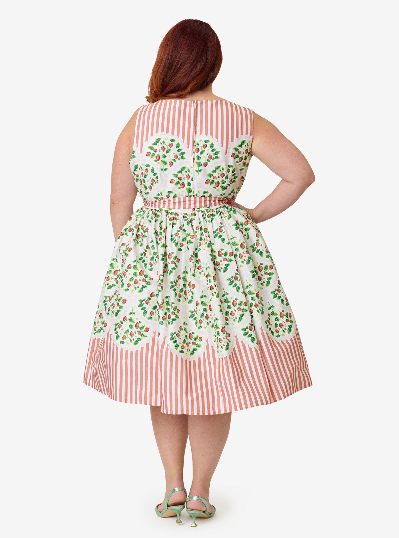 Unique Vintage Plus Size Strawberry & Stripe Sleeveless Cotton Swing Dress, , hi-res