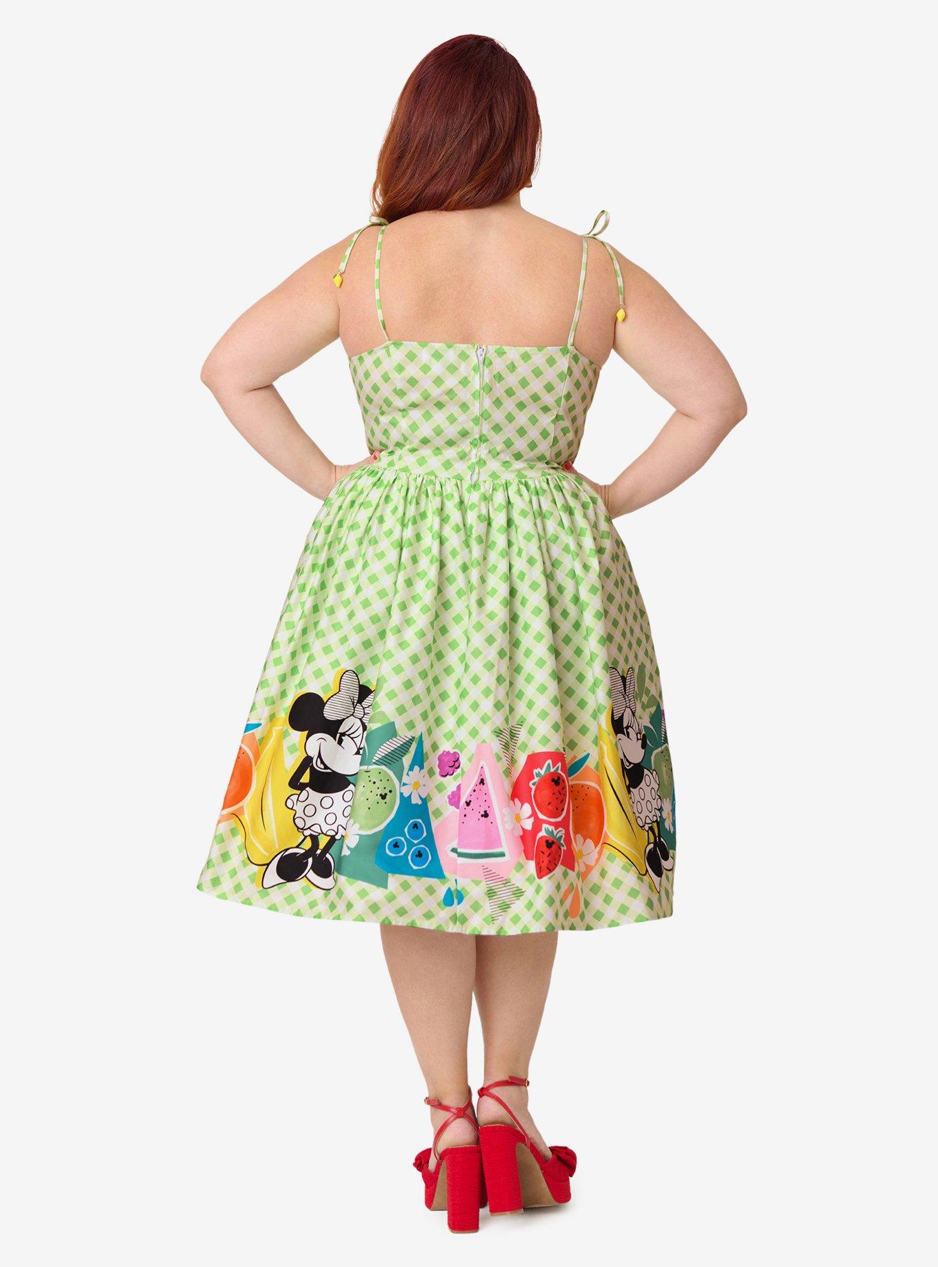 Disney Food Collection by Unique Vintage Plus Size Green Gingham Mickey Fruit Salad Swing Dress, , hi-res
