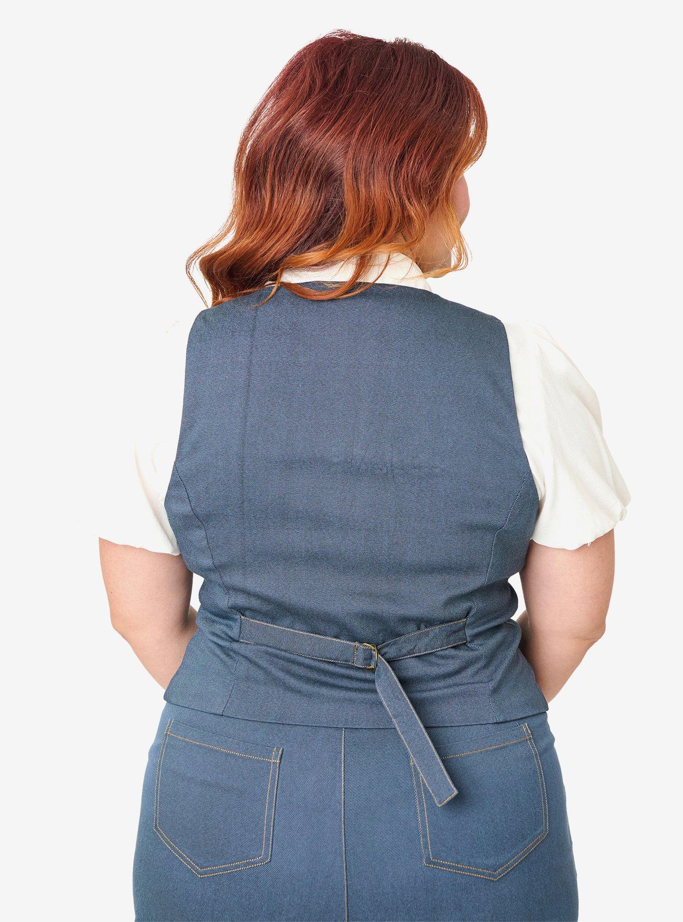 Unique Vintage Plus Size 1940s Denim Embroidered Button Up Vest, , hi-res