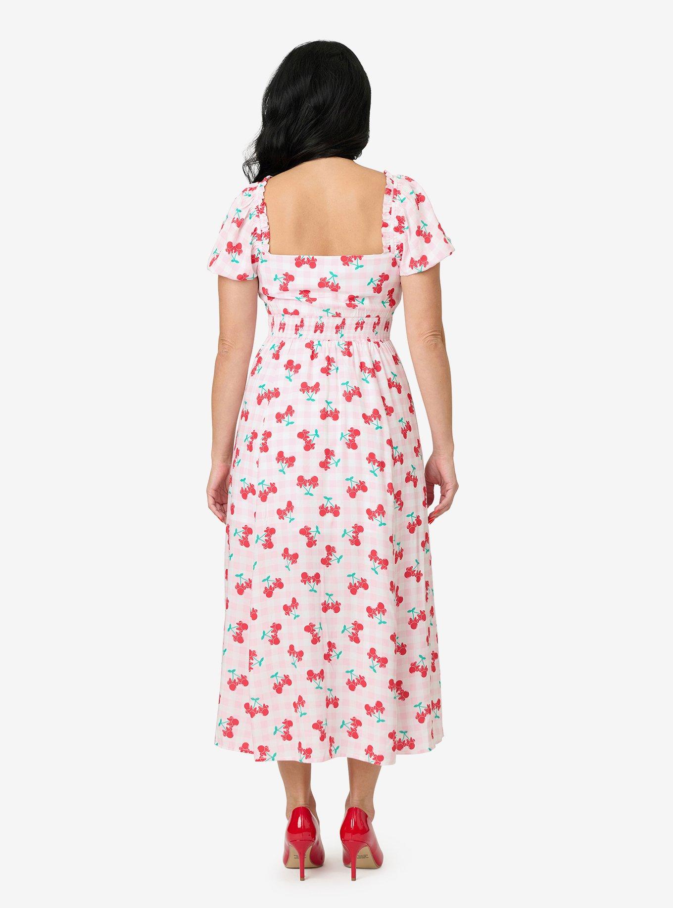 Disney Mickey & Friends Collection by Unique Vintage Pink & Minnie Cherries Midi Dress, , hi-res