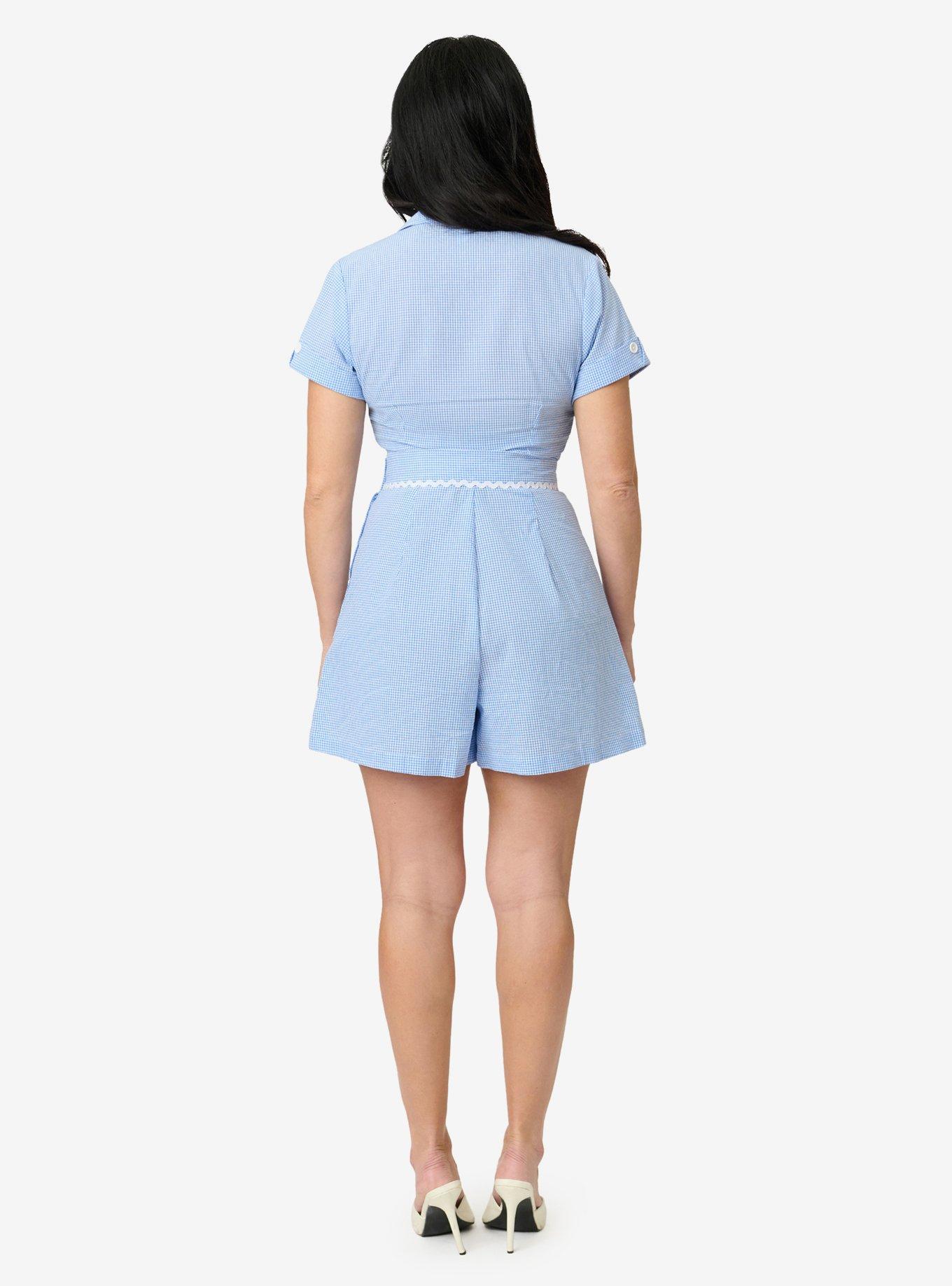 Unique Vintage Blue Gingham High Waist Shorts, , hi-res