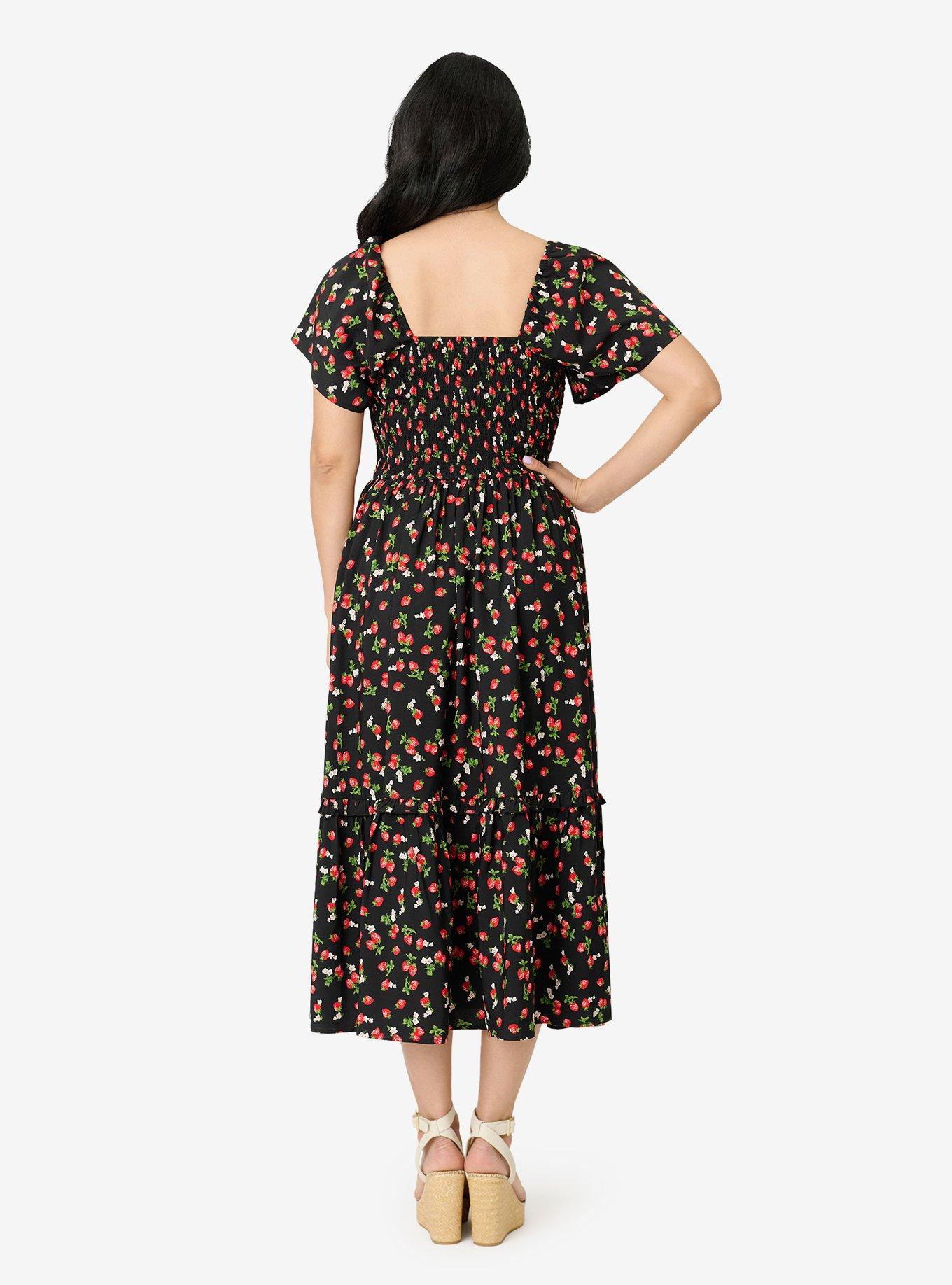 Unique Vintage Black & Strawberry Print Smocked Bodice Midi Dress