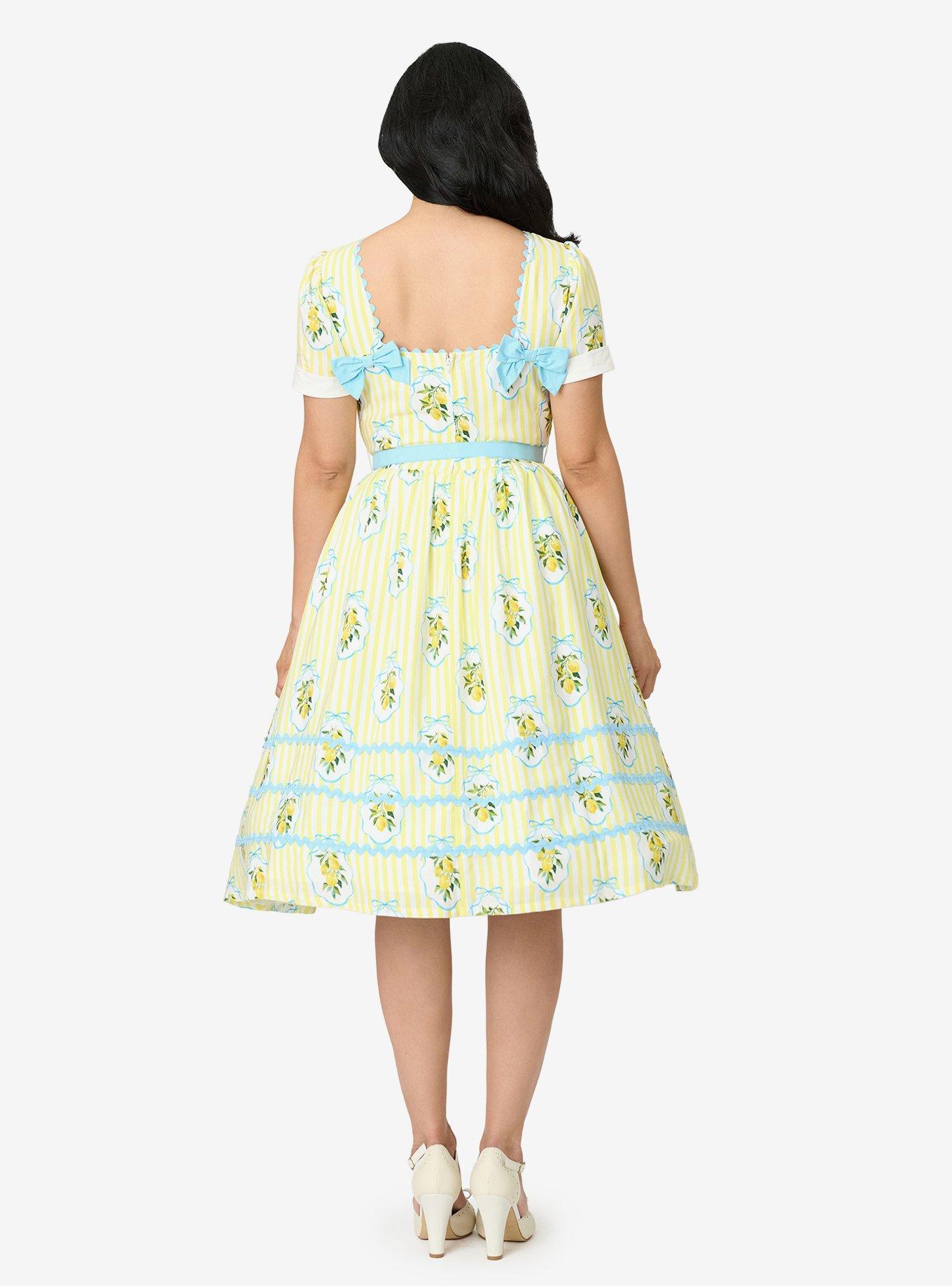 Unique Vintage Yellow Lemon Striped Swing Dress, BRIGHT YELLOW, alternate