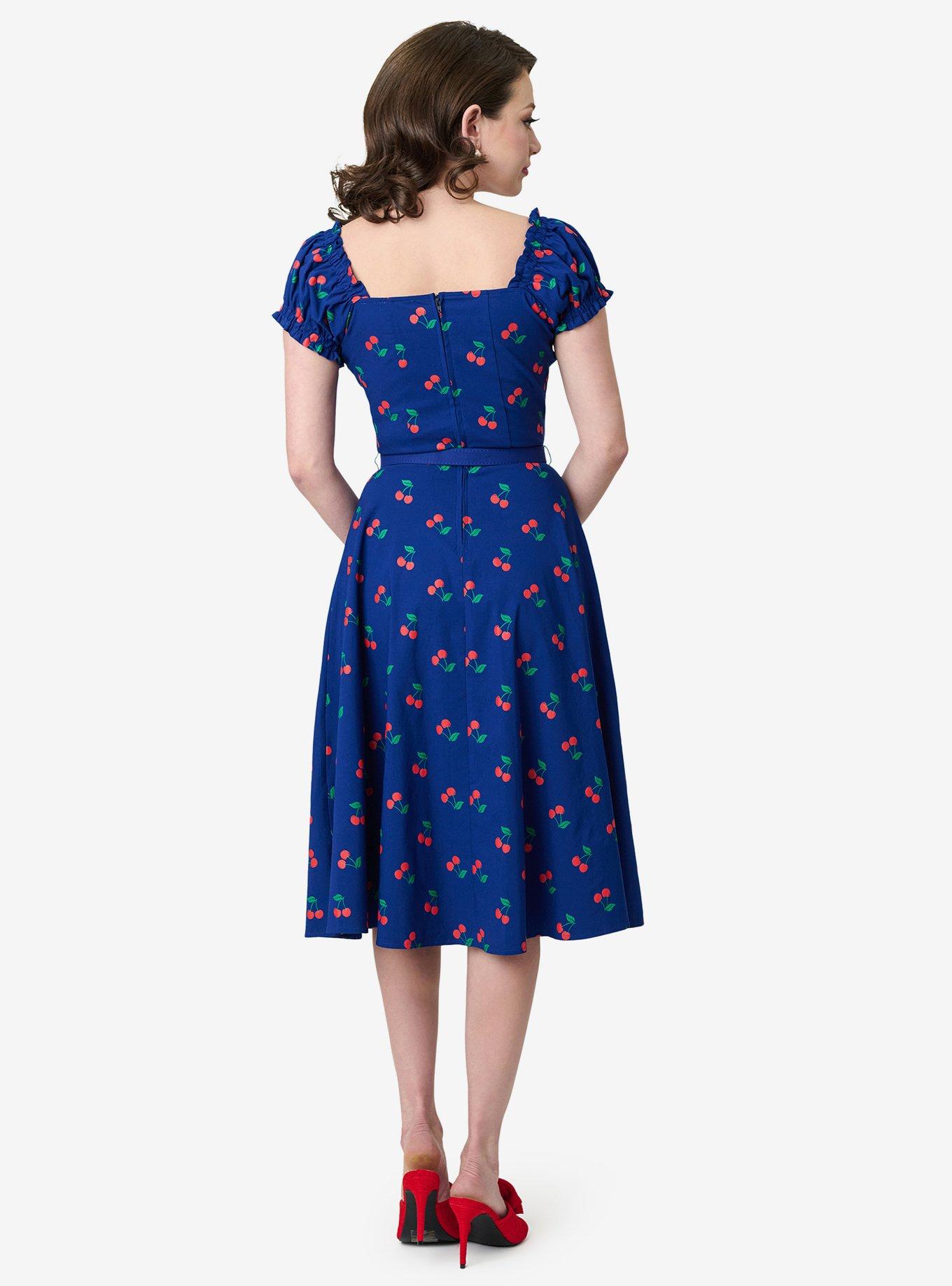 Unique Vintage Navy & Cherries Ohara Swing Dress, , hi-res
