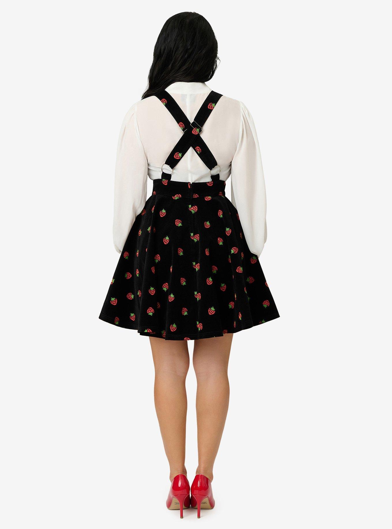 Unique Vintage Black & Strawberries Brionne Pinafore Skirt, , hi-res