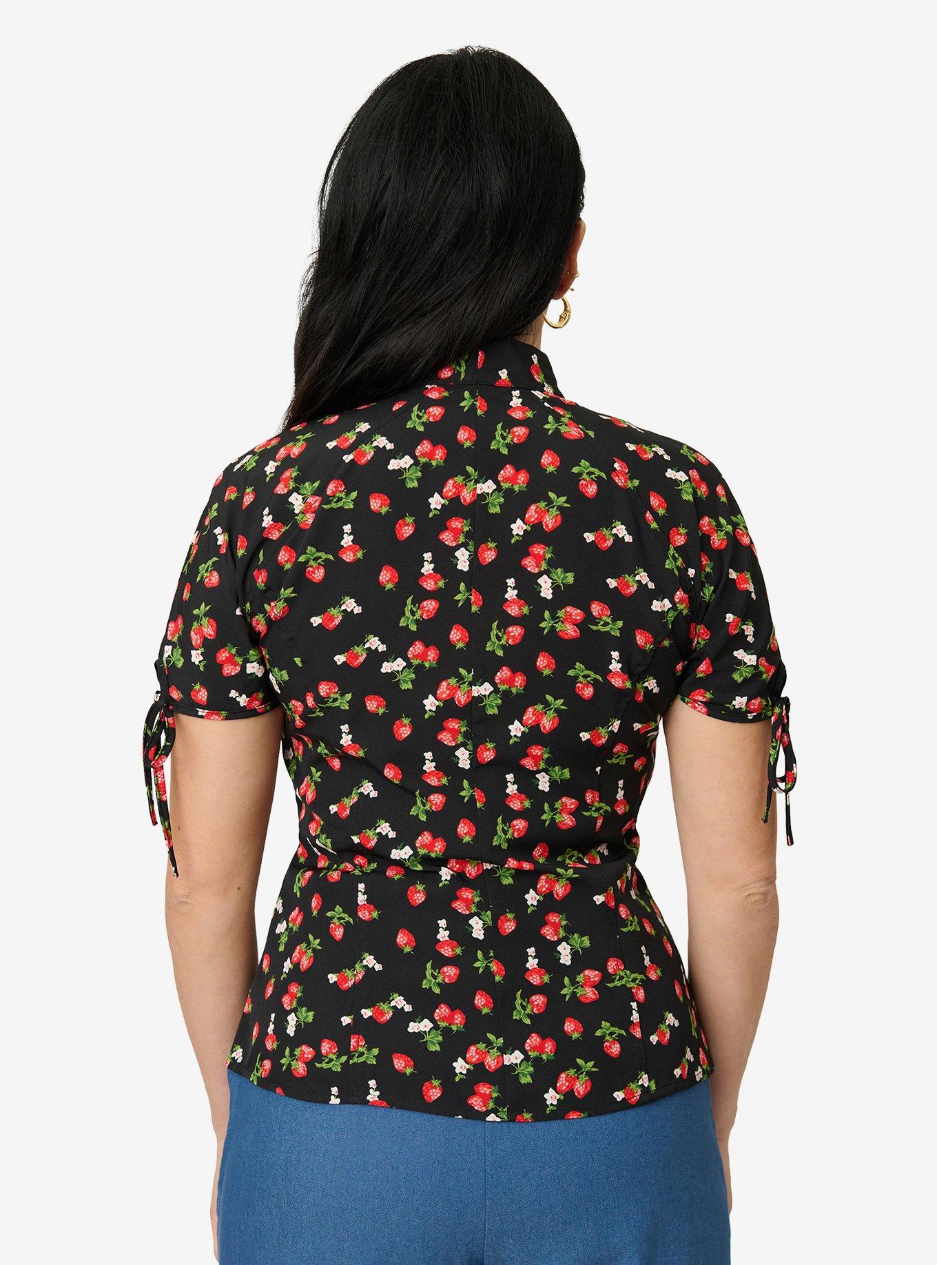 Unique Vintage Black & Berries Print Chita Blouse, , hi-res