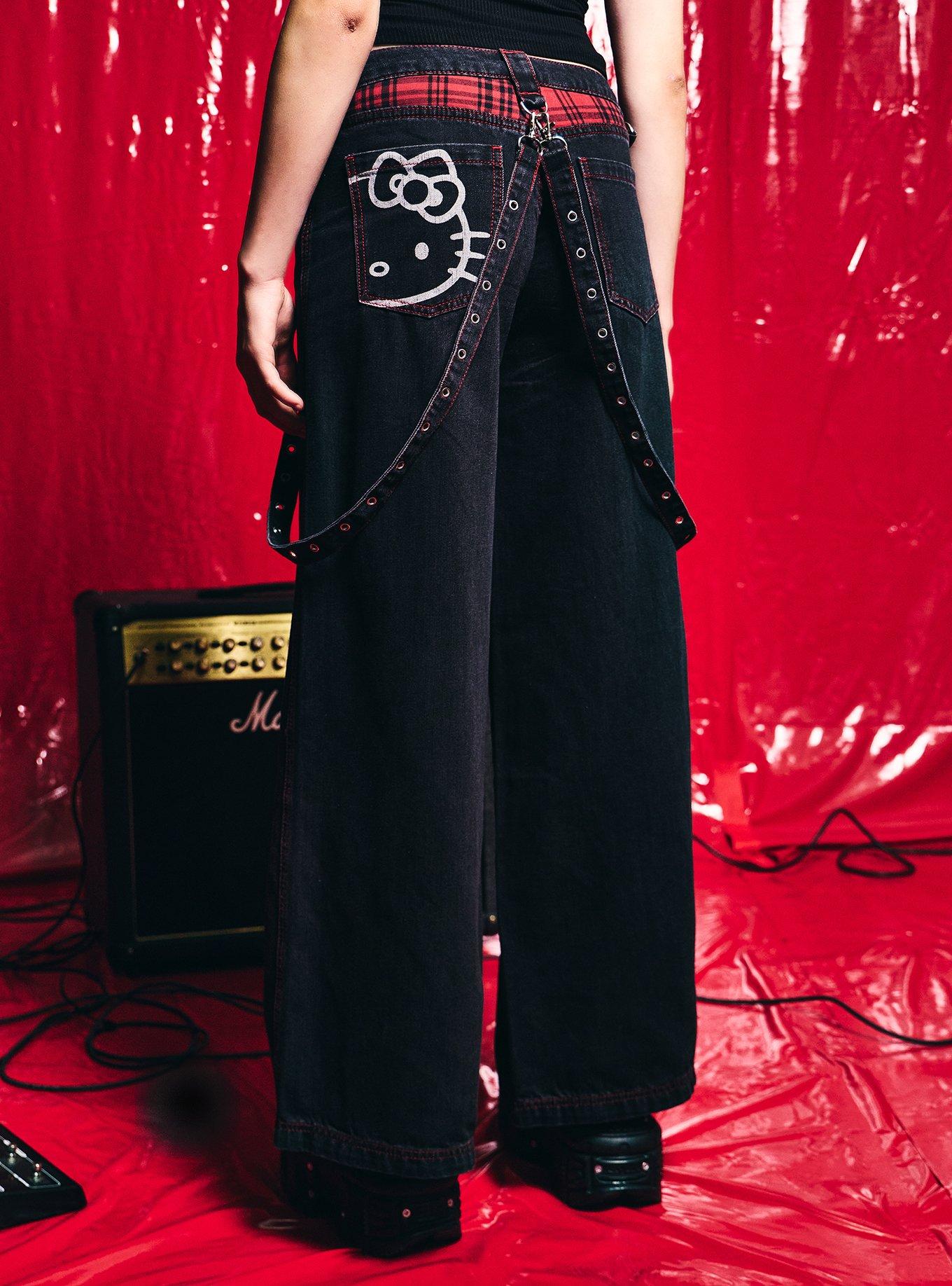 Hello Kitty Punk Suspender Wide Leg Jeans, BLACK, alternate - view 2