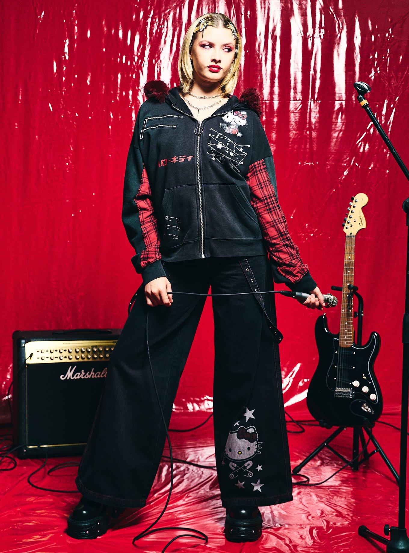 Hello Kitty Punk Suspender Wide Leg Jeans, BLACK, alternate - view 3