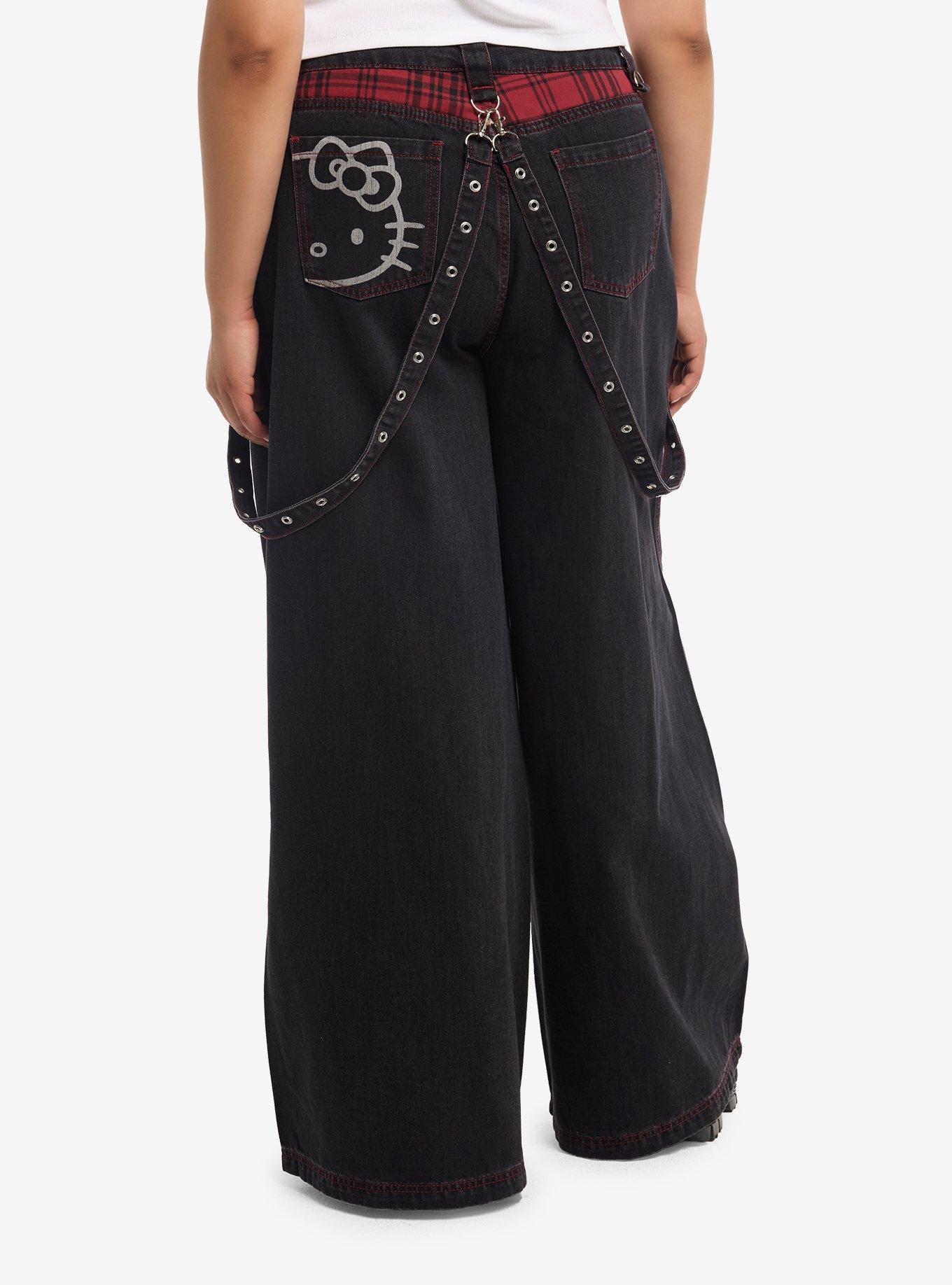 Hello Kitty Punk Suspender Wide Leg Jeans Plus Size, BLACK, alternate - view 2