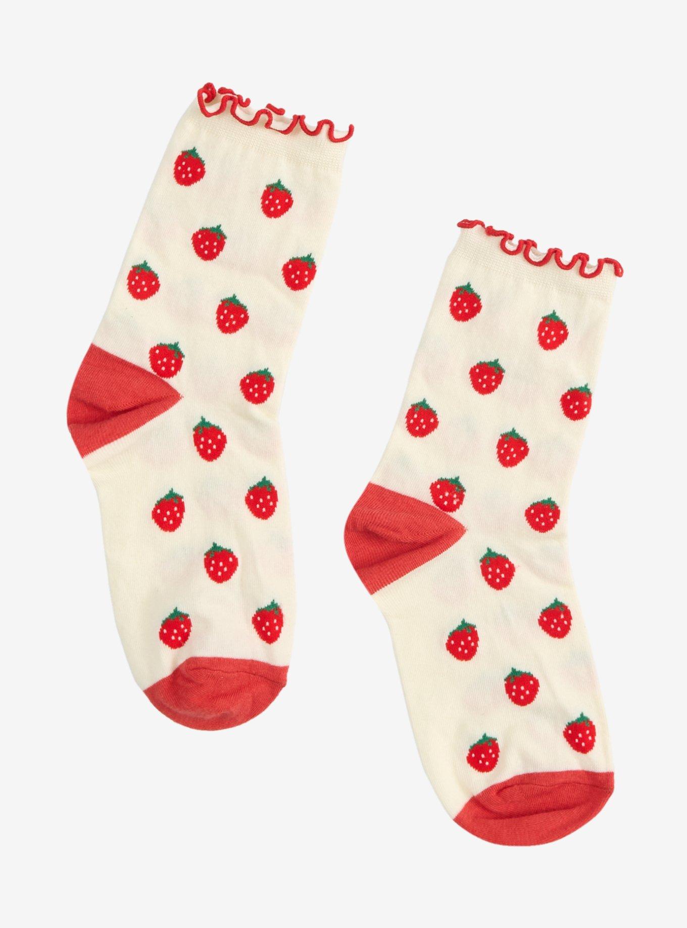 Red Strawberry Lettuce Trim Ankle Socks, , hi-res