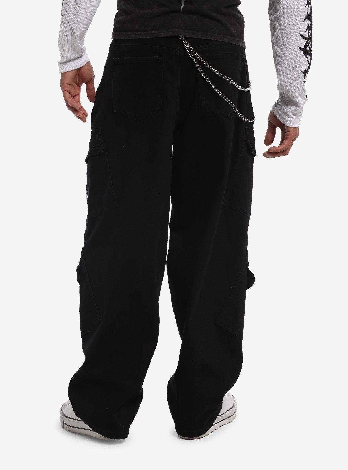 Black & White Cyber Sigil Side Chain Barrel Jeans, BLACK, alternate - view 2