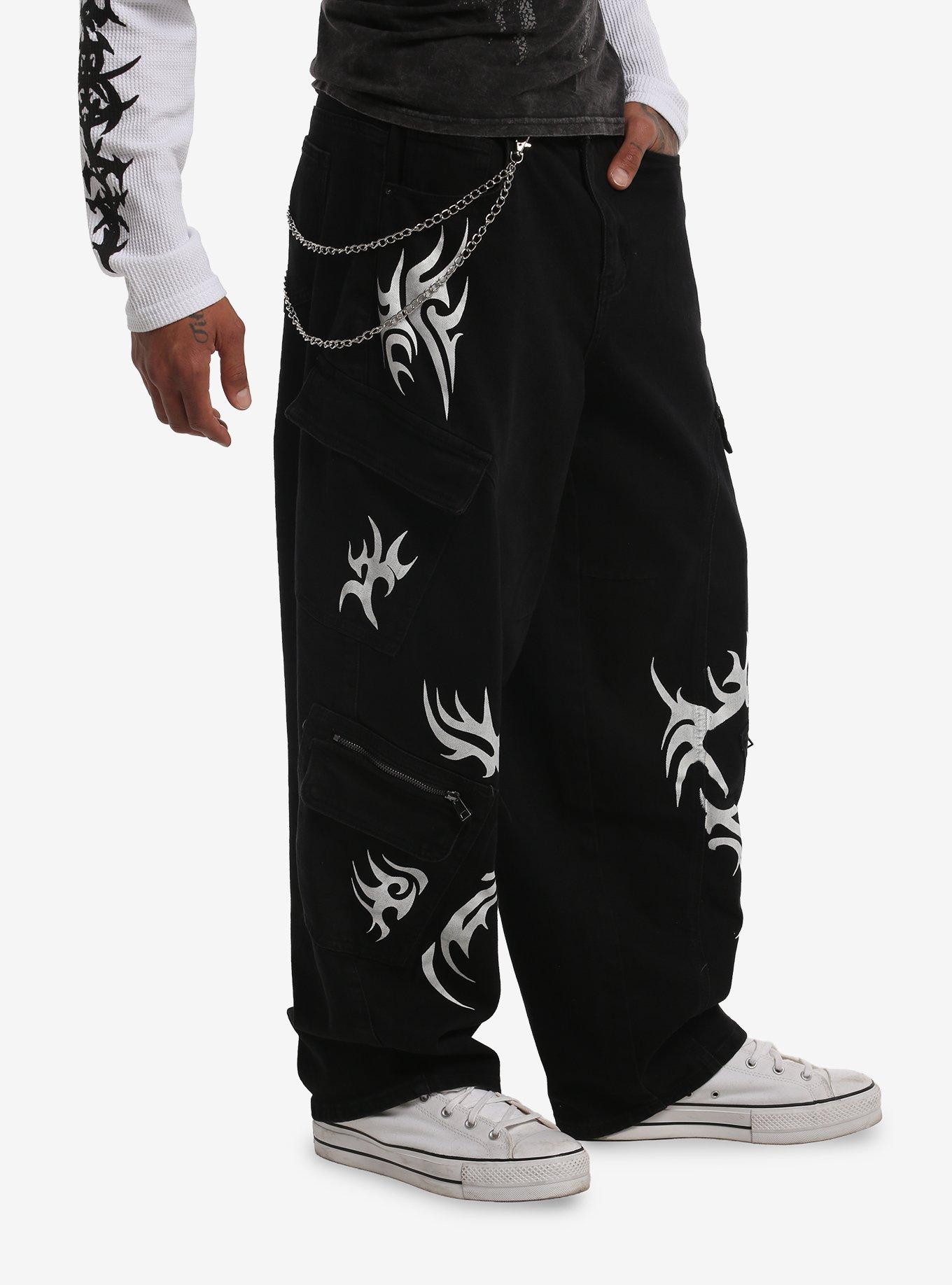 Black & White Cyber Sigil Side Chain Barrel Jeans, BLACK, alternate - view 3