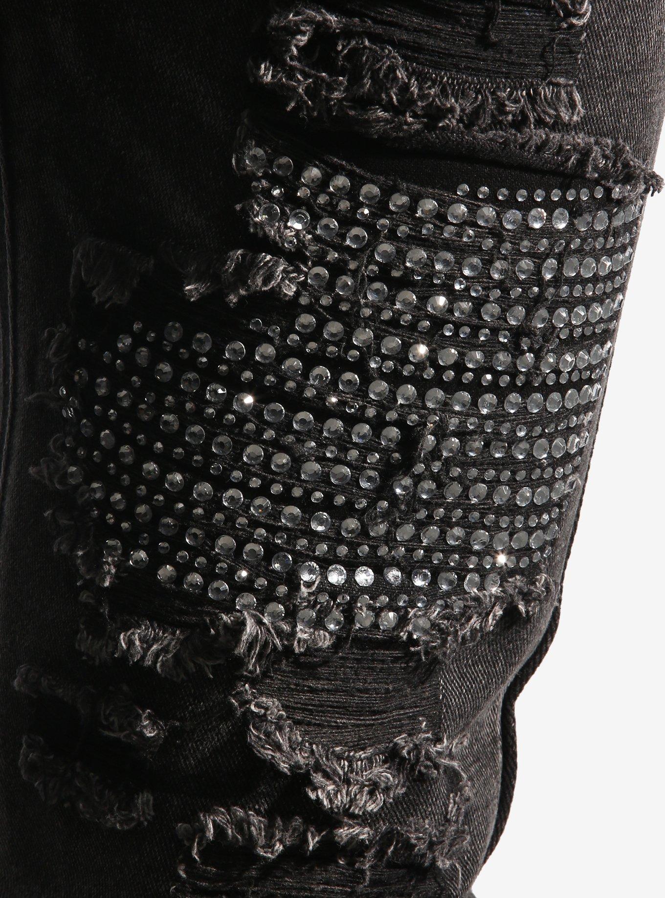 Rhinestone Stud Distressed Jeans, BLACK, alternate - view 3