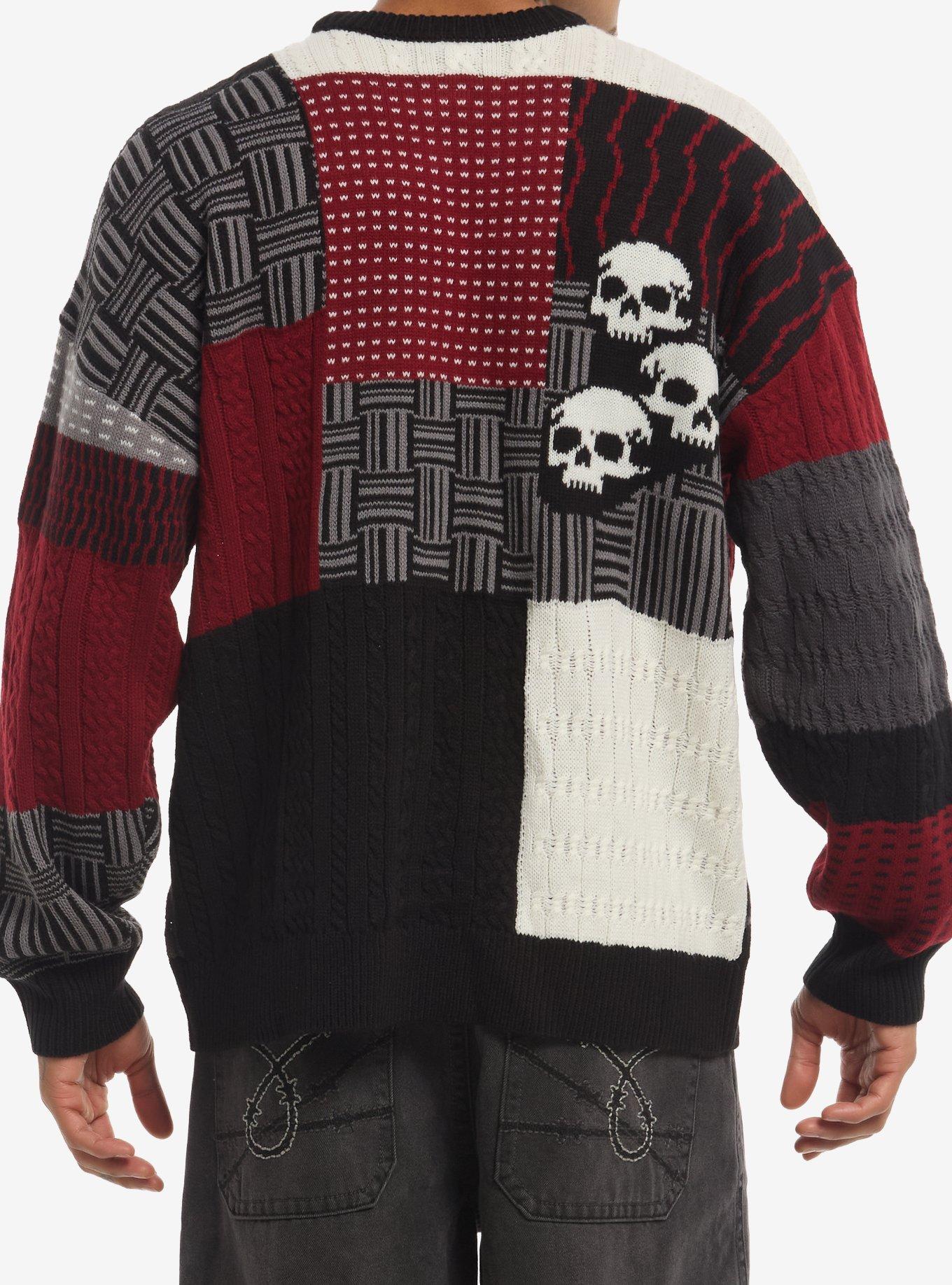 Red & Grey Skull Cross Patchwork Sweater, GREY, alternate - view 3