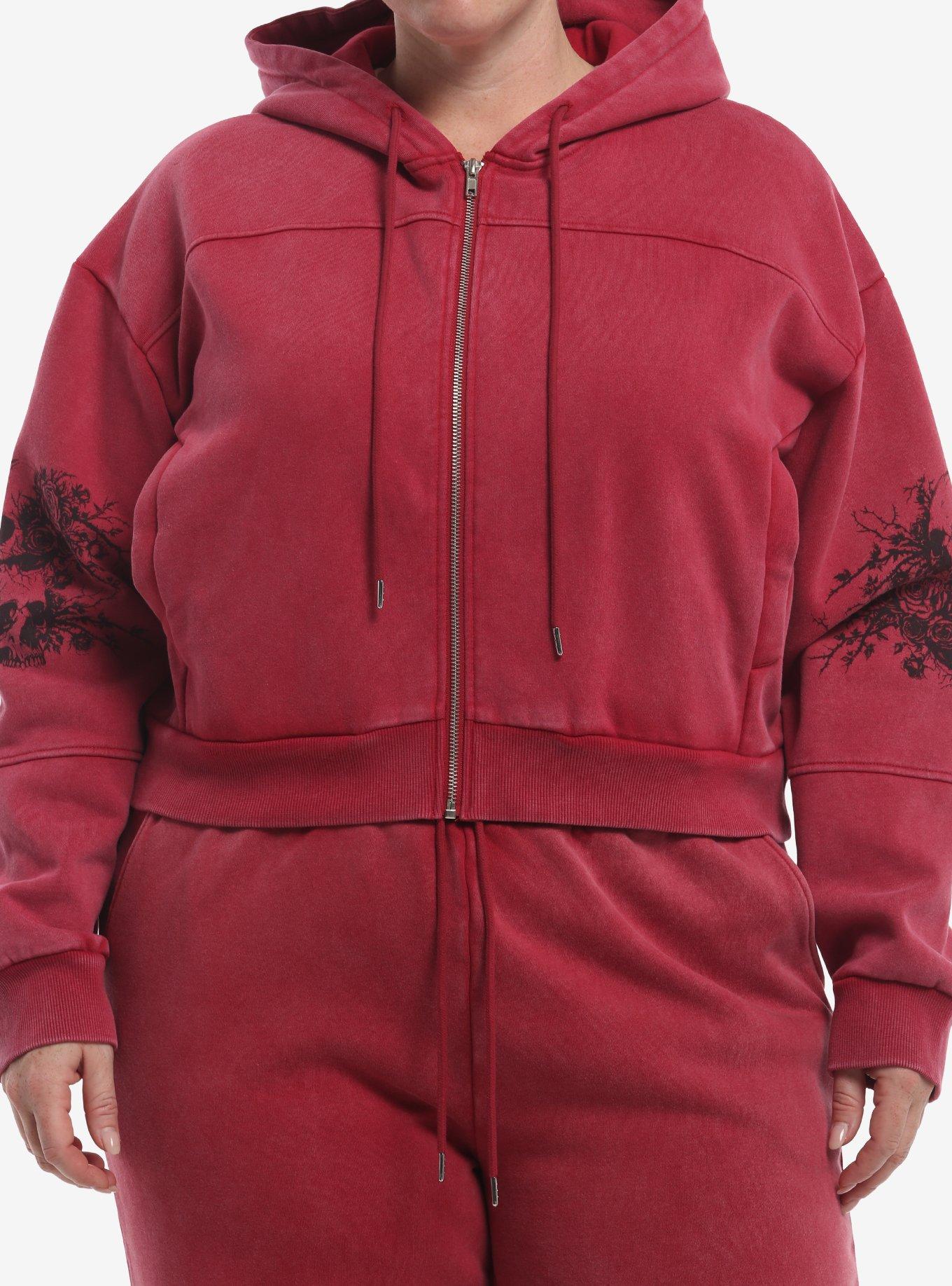 Red Wash Skull Stack Girls Crop Hoodie Plus Size, , hi-res
