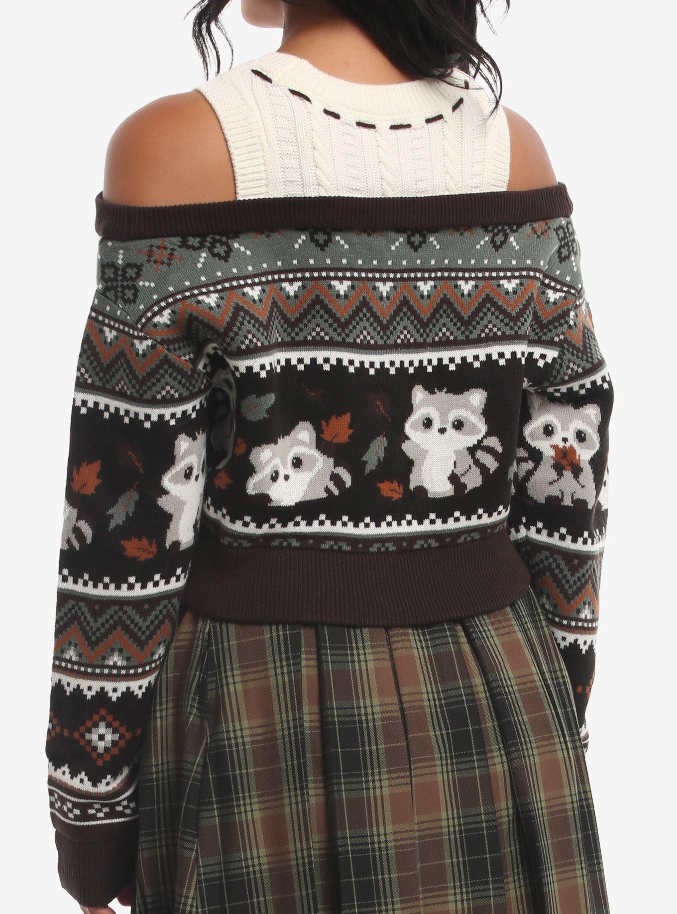 Thorn & Fable Raccoon Fall Girls Off-Shoulder Sweater, MULTI, alternate - view 3