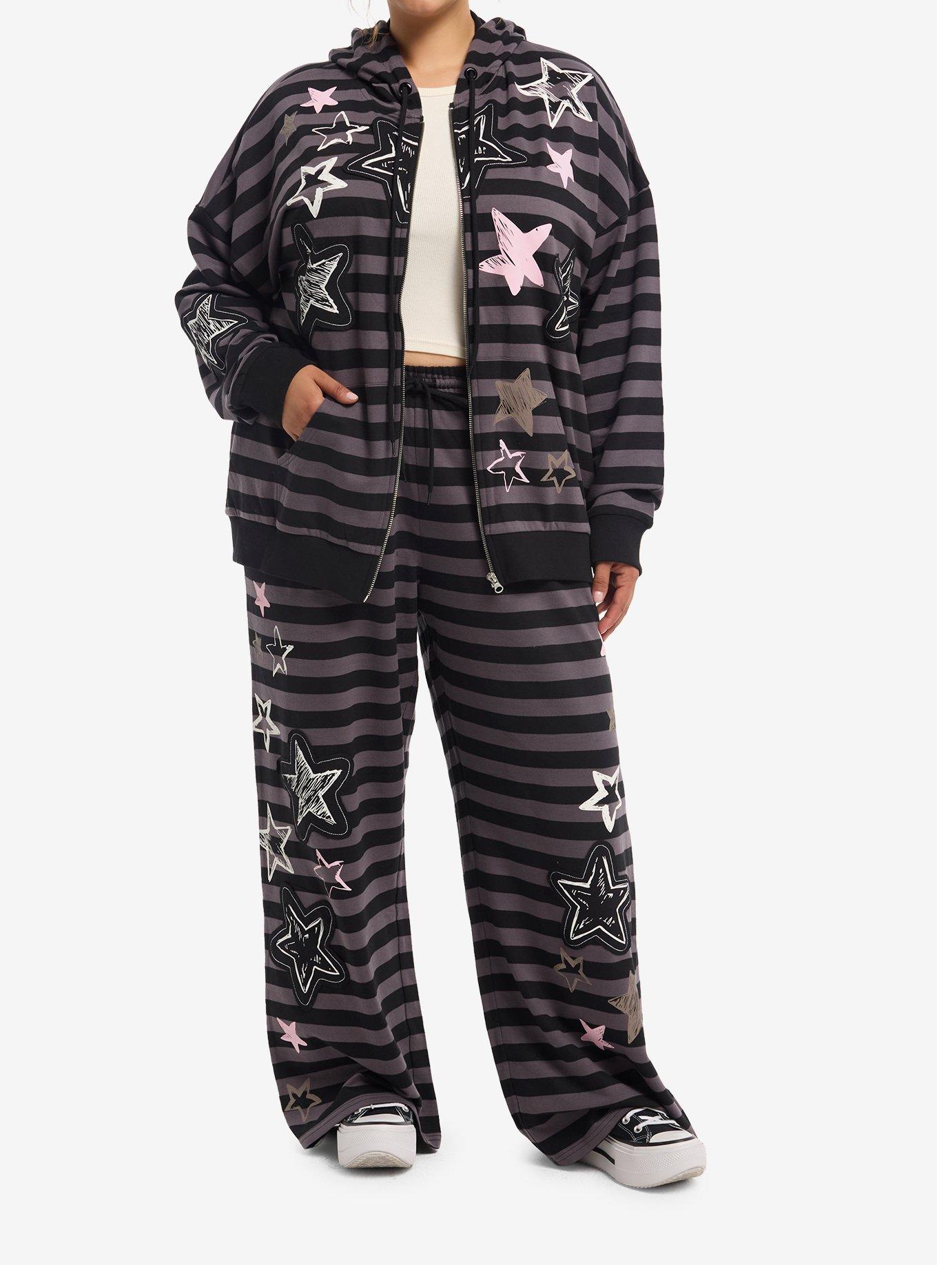 Black & Grey Stripe Star Girls Oversized Hoodie Plus Size, MULTI, alternate - view 3