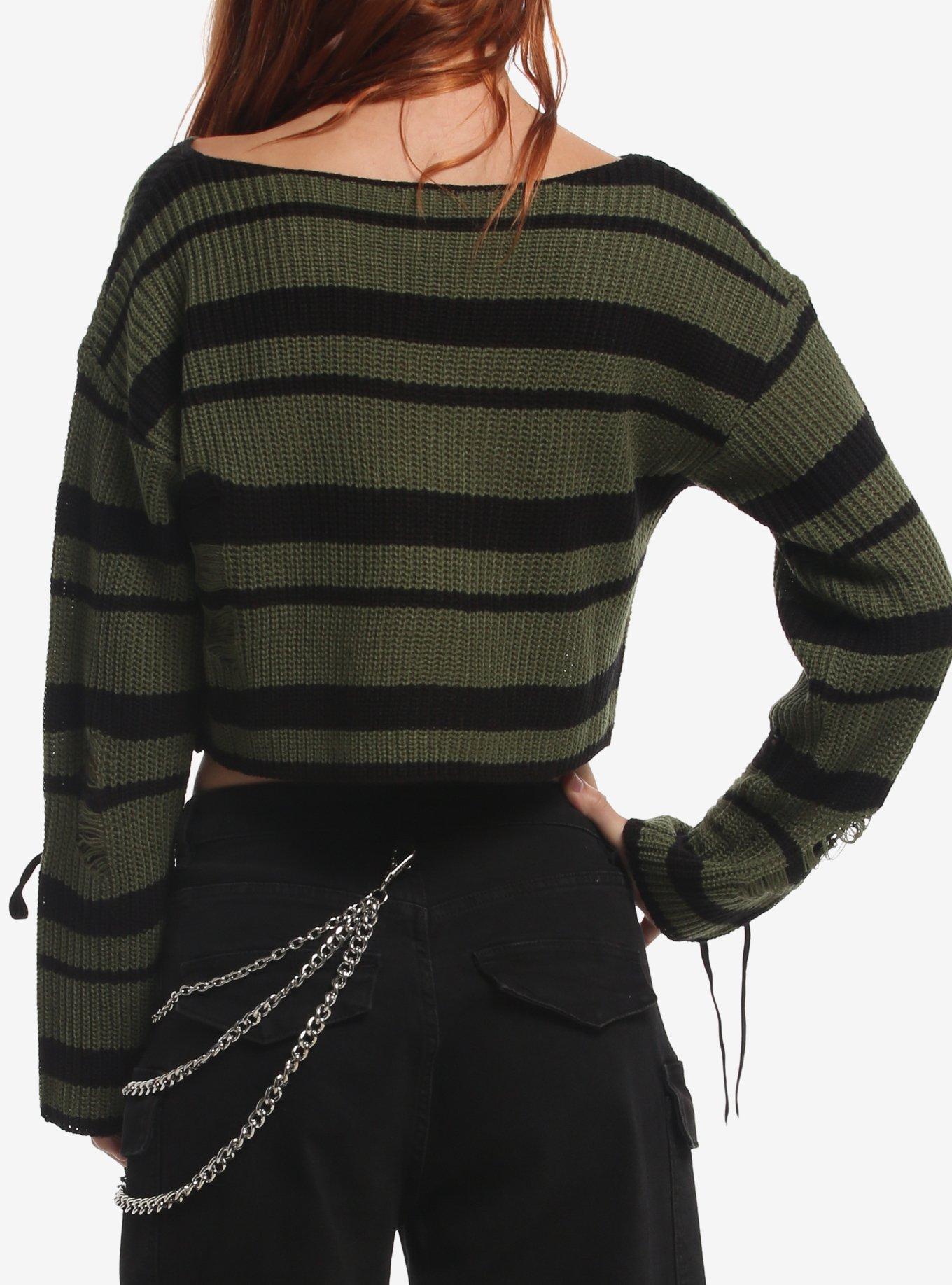 Thorn & Fable Green & Black Stripe Distressed Girls Crop Sweater, MULTI, alternate - view 3