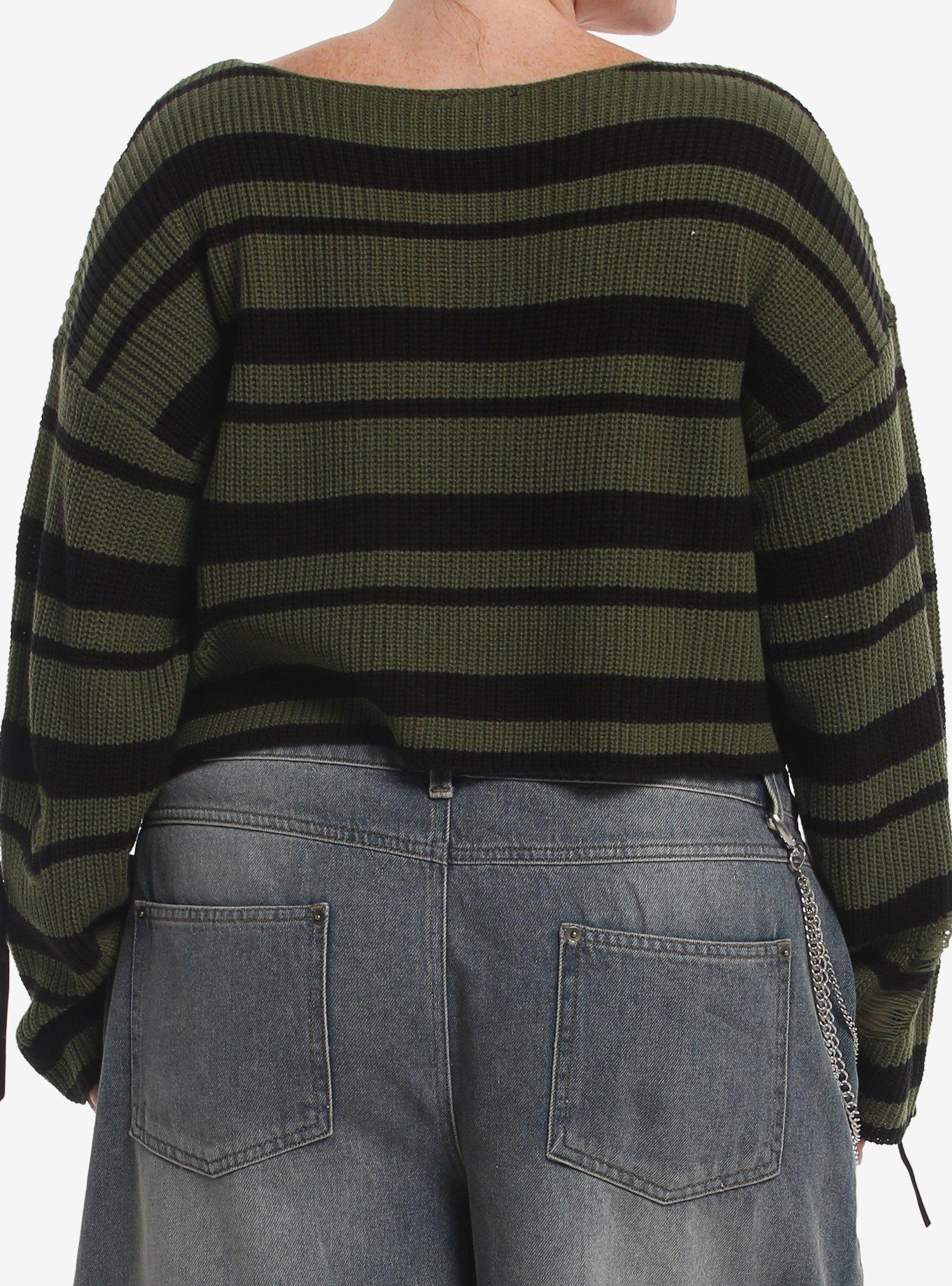Thorn & Fable Green & Black Stripe Distressed Girls Crop Sweater Plus Size, MULTI, alternate - view 3