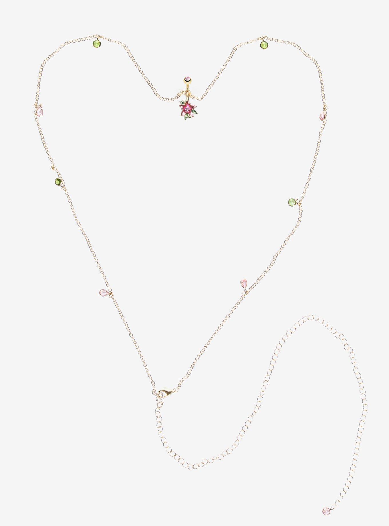 Steel Gold Pink Flower Navel Barbell & Belly Chain, , hi-res