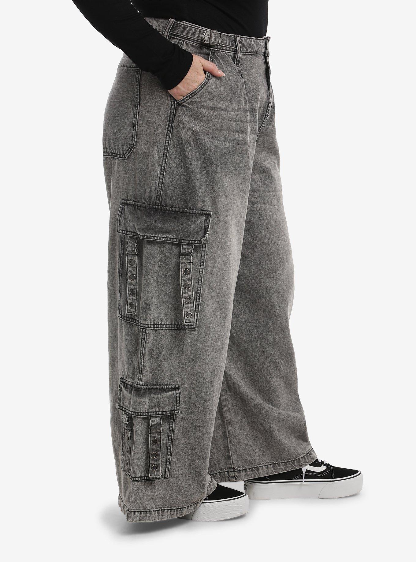 Grey Wash Wide Leg Cargo Jeans Plus Size, MULTI, alternate - view 3
