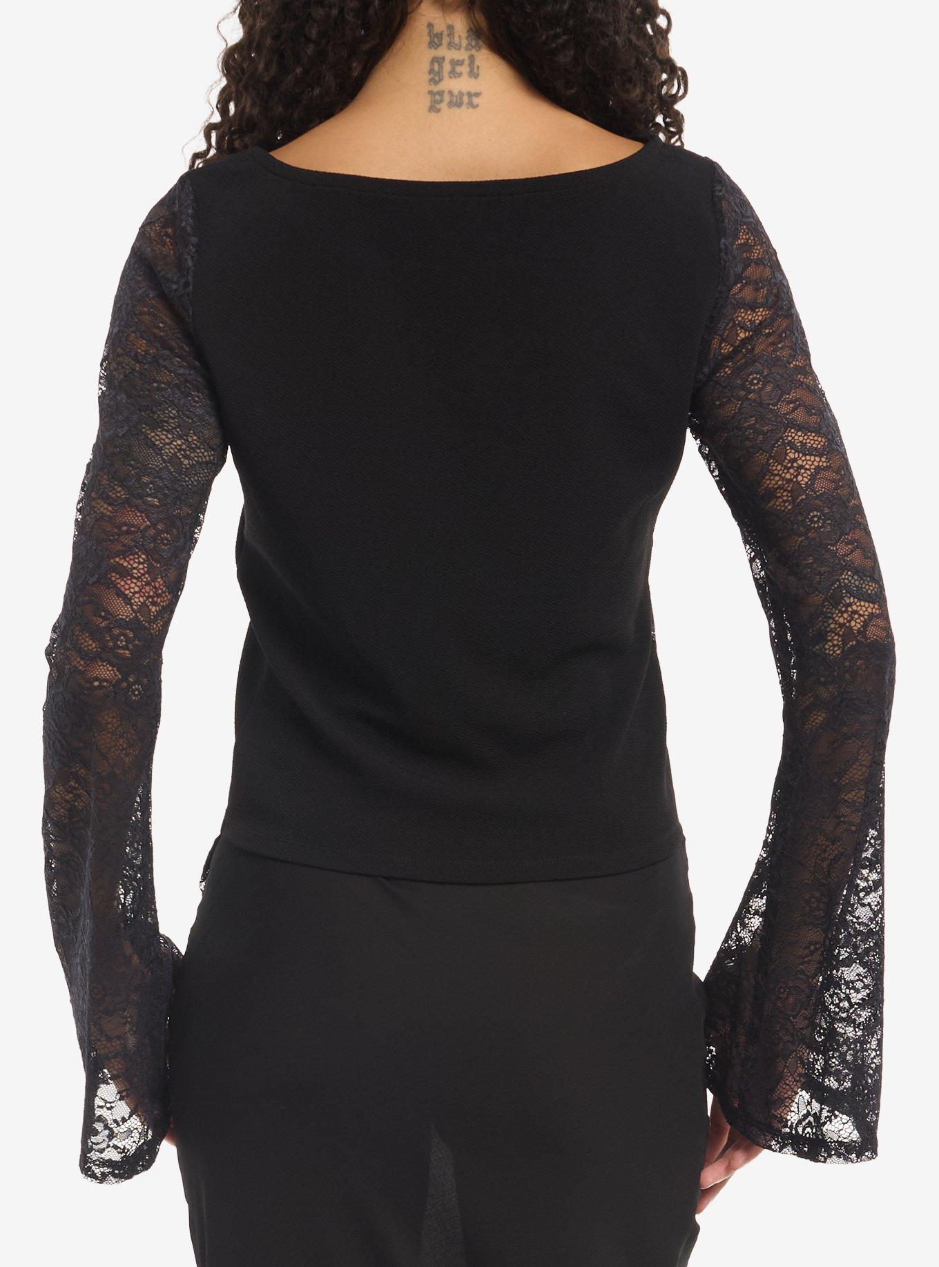 Cosmic Aura Black Lace Panels Girls Bell Sleeve Top, MULTI, alternate - view 3