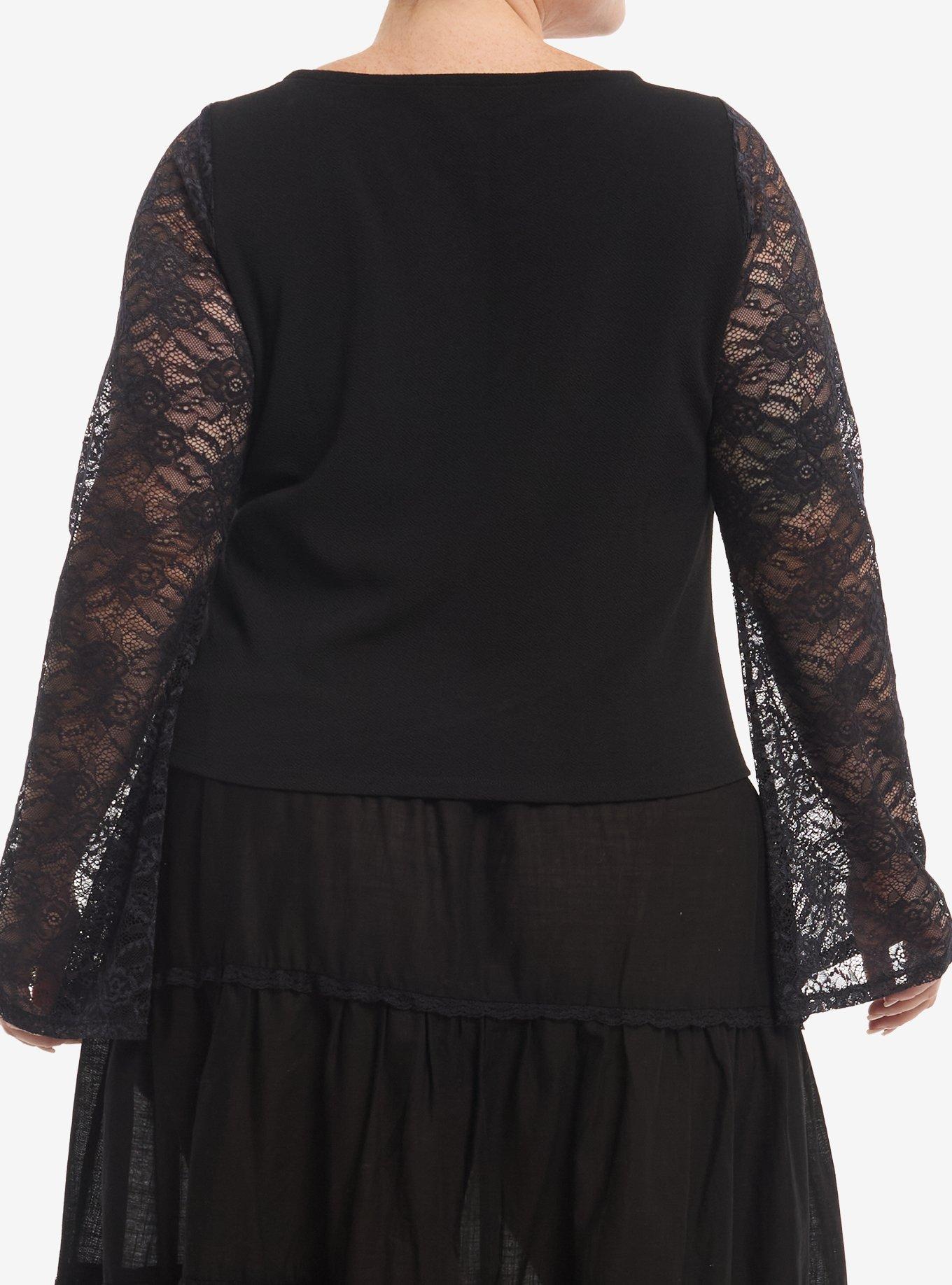 Cosmic Aura Black Lace Panels Girls Bell Sleeve Top Plus Size, MULTI, alternate - view 3