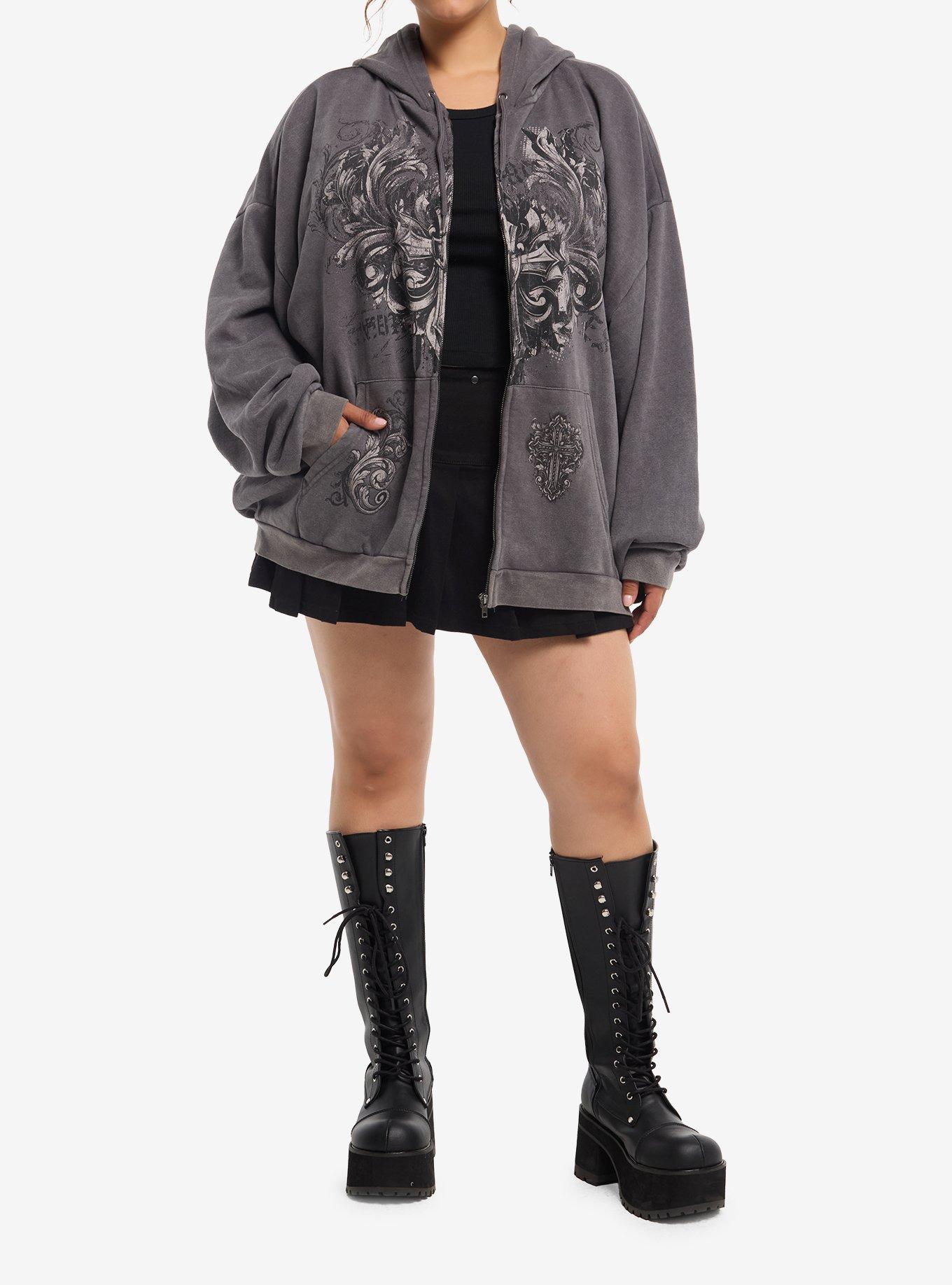 Social Collision Grey Cross Filigree Girls Oversized Hoodie Plus Size, MULTI, alternate - view 3
