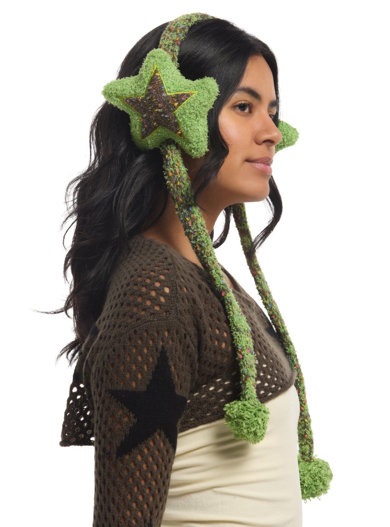 Green Tweed Star Tassel Earmuffs, , alternate - view 2