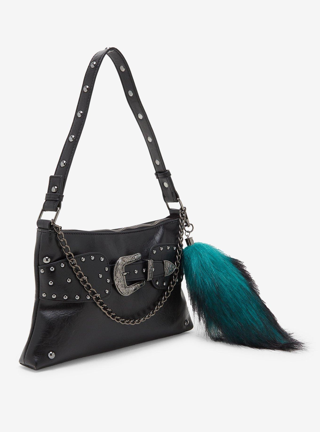 Black Belted Chain Fox Tail Shoulder Bag, , hi-res