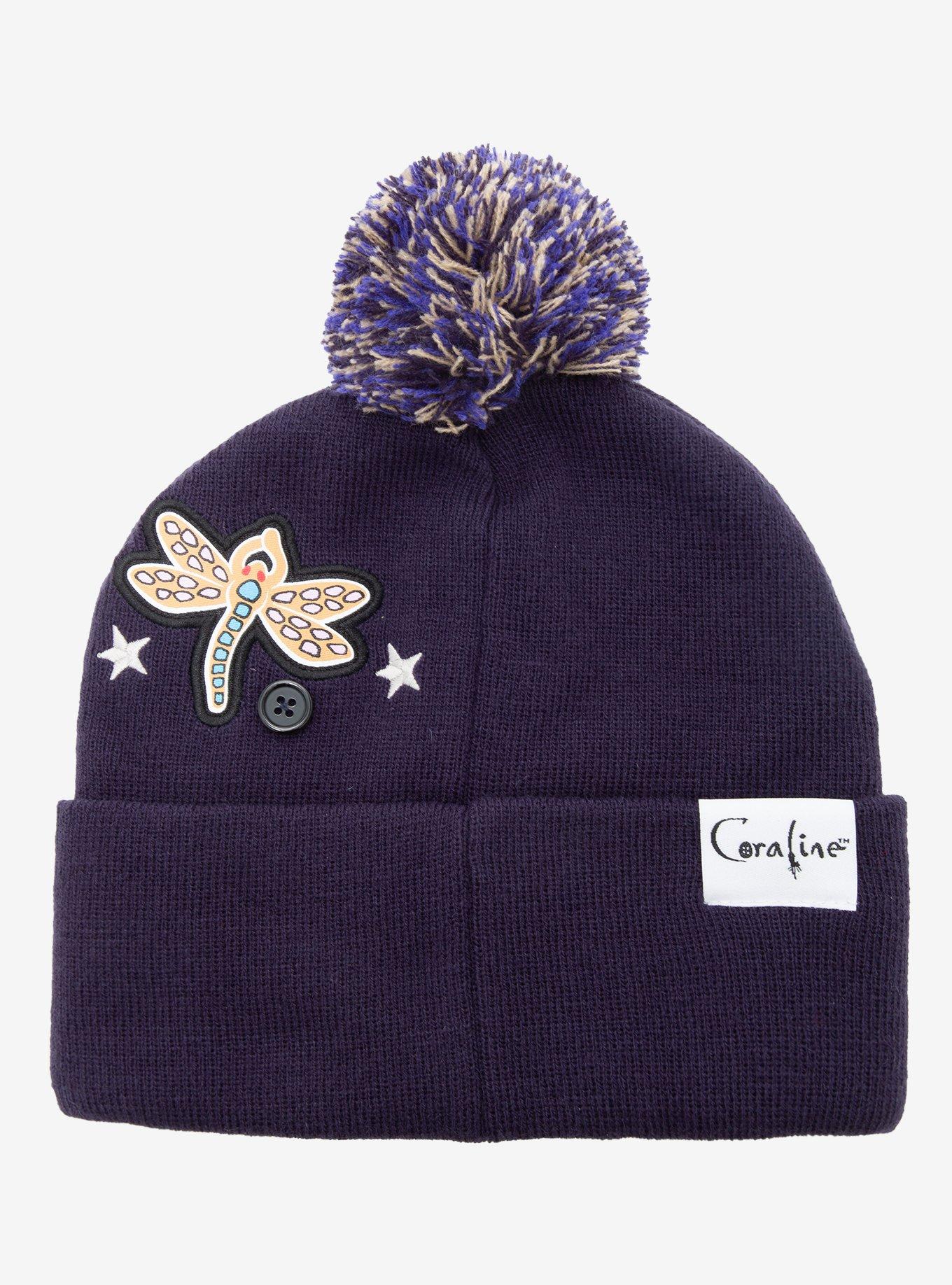 Coraline Icon Patches Pom Pom Beanie - BoxLunch Exclusive, , hi-res