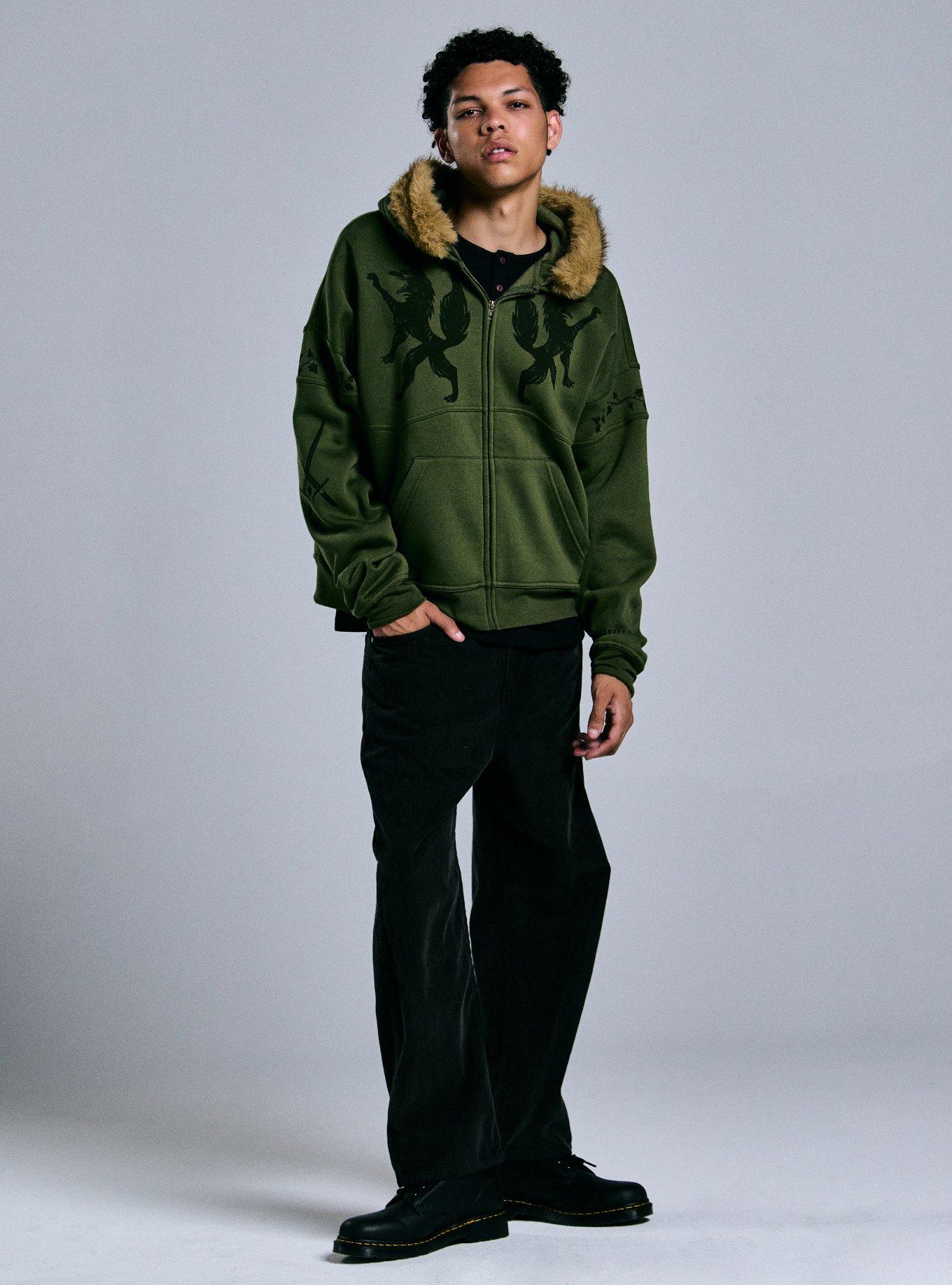 Wildwood Coyote Fur Trim Hoodie, GREEN, alternate - view 3
