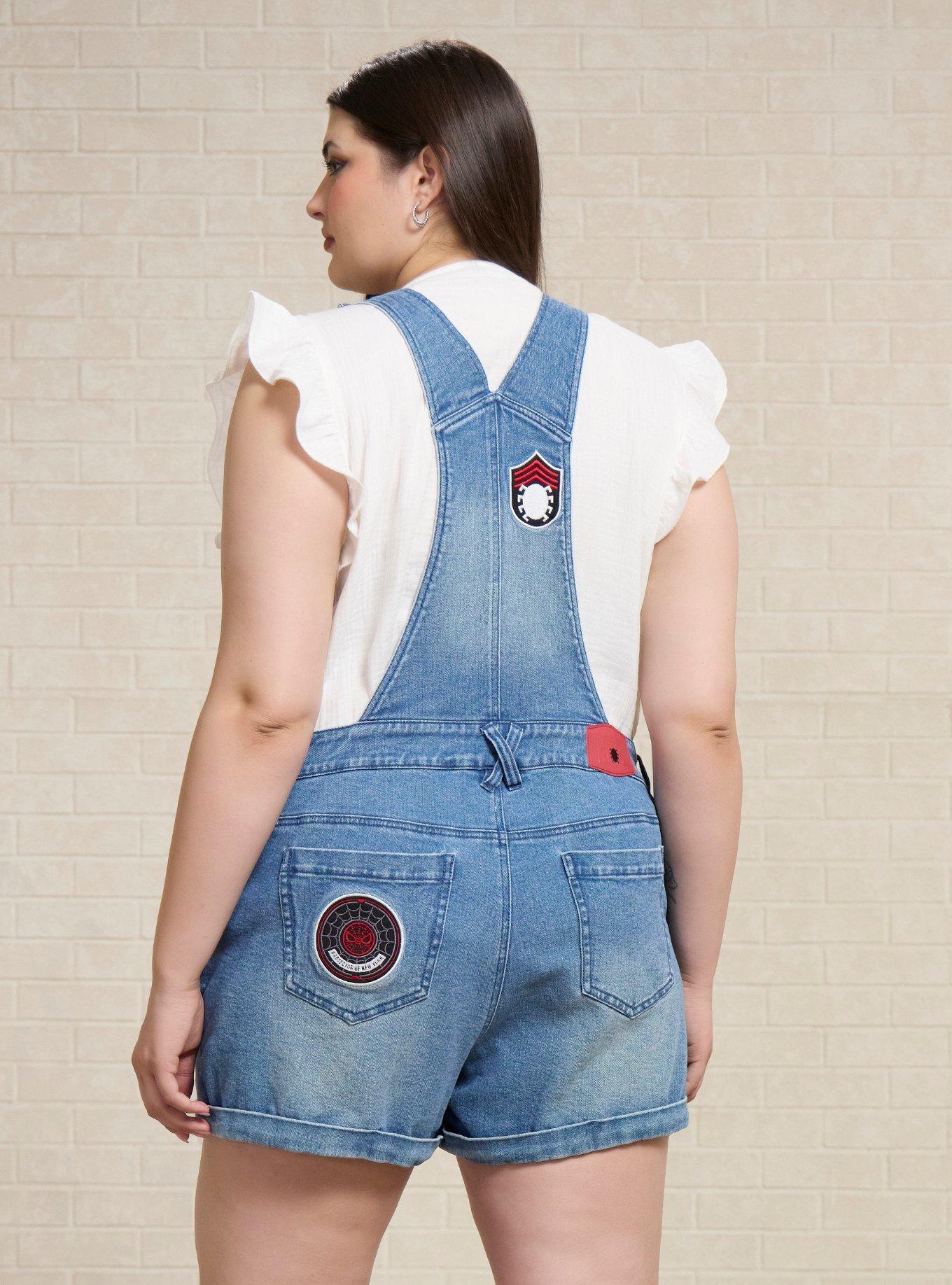 Marvel Spider-Man Embroidered Icons Women's Plus Size Short Overalls - BoxLunch Exclusive, DENIM, alternate - view 3