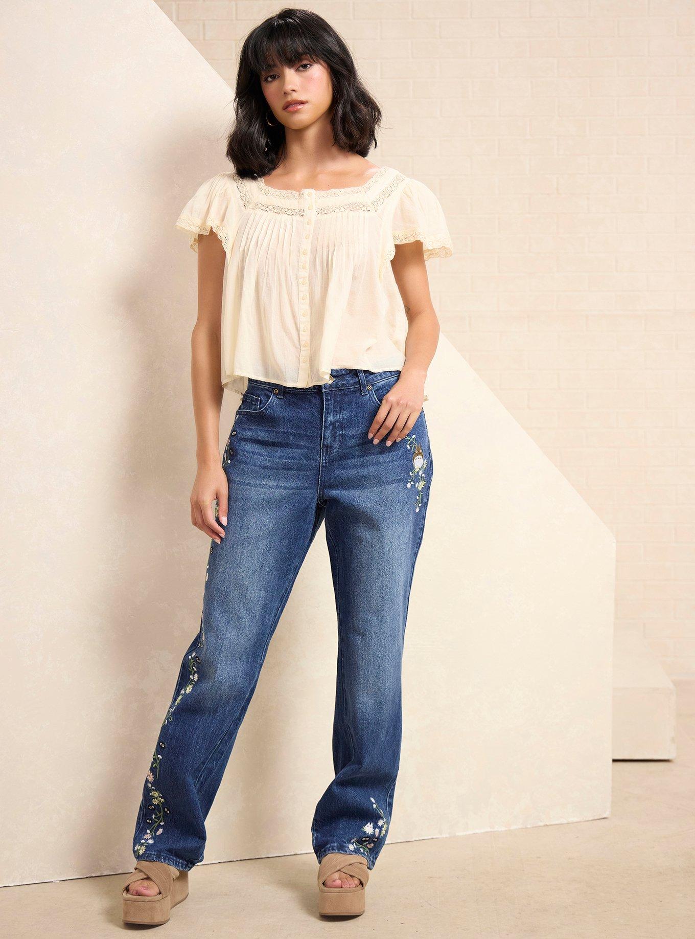 Studio Ghibli&reg; My Neighbor Totoro Soot Sprites Floral Embroidered Women's High-Waisted Jeans - BoxLunch Exclusive, , hi-res