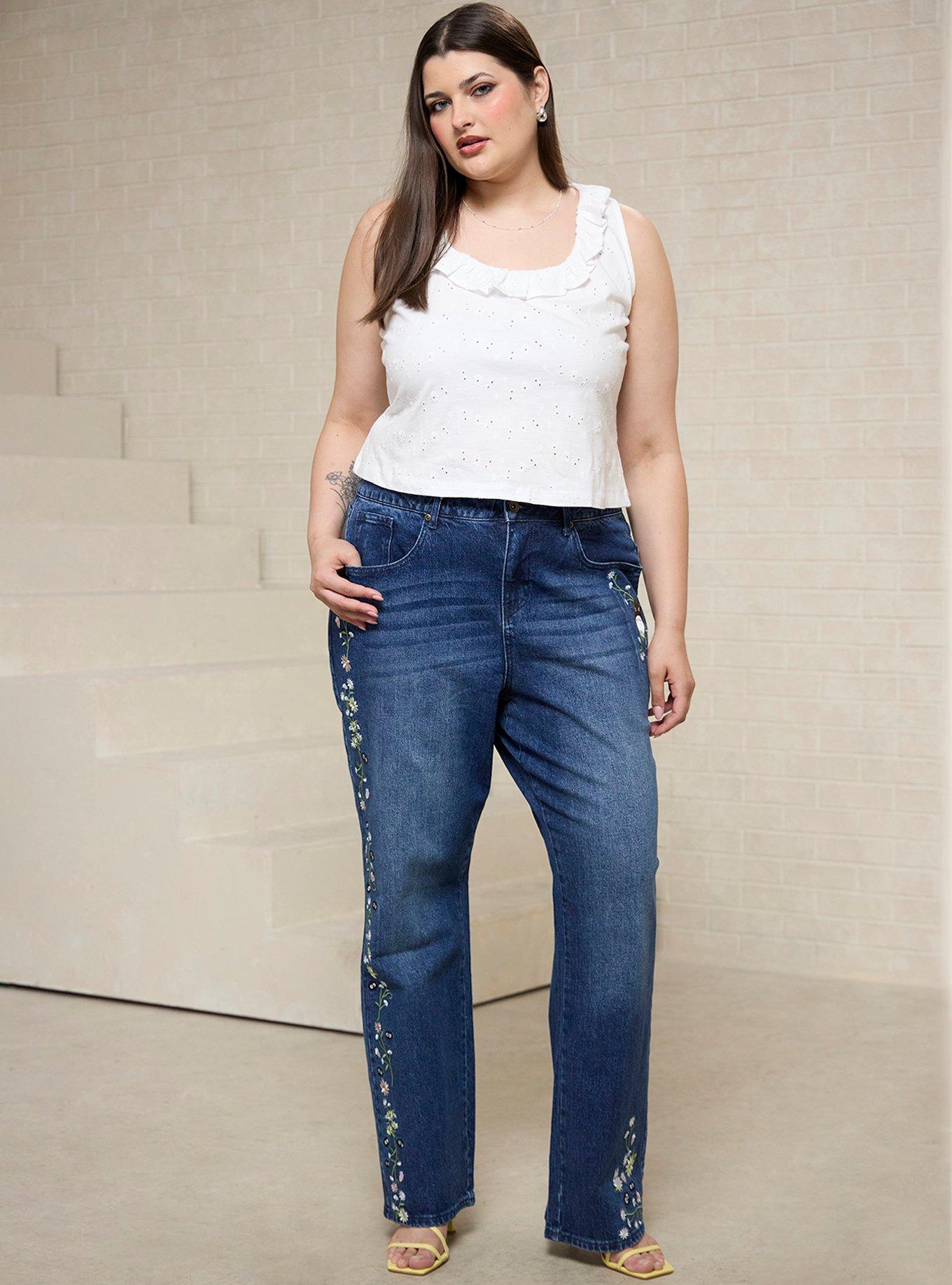 Studio Ghibli&reg; My Neighbor Totoro Soot Sprites Floral Embroidered Women's Plus Size High-Waisted Jeans - BoxLunch Exclusive, , hi-res