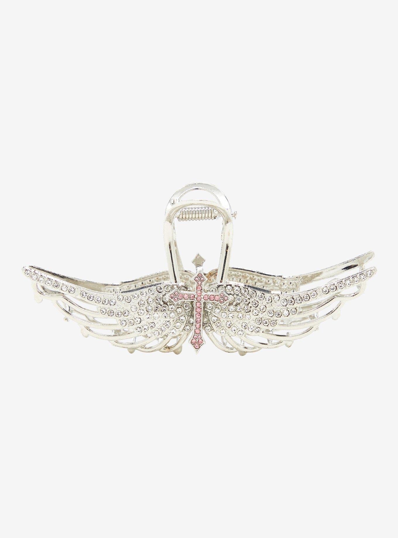 Social Collision Cross Angel Wings Rhinestone Claw Hair Clip, , hi-res
