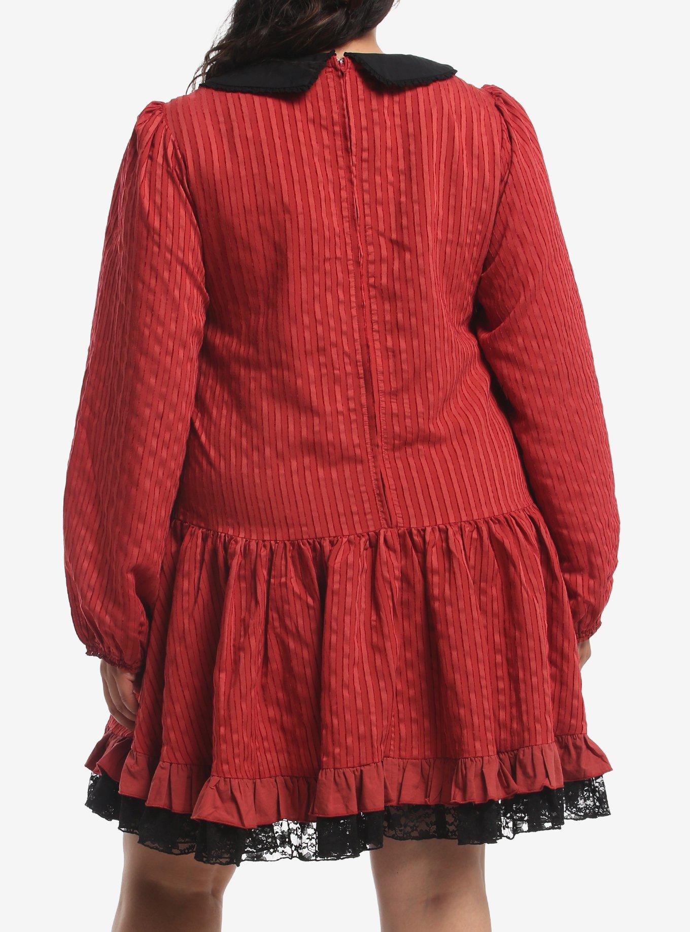 Red Pinstripe Skull Collared Long-Sleeve Dress Plus Size, MULTI, alternate - view 3