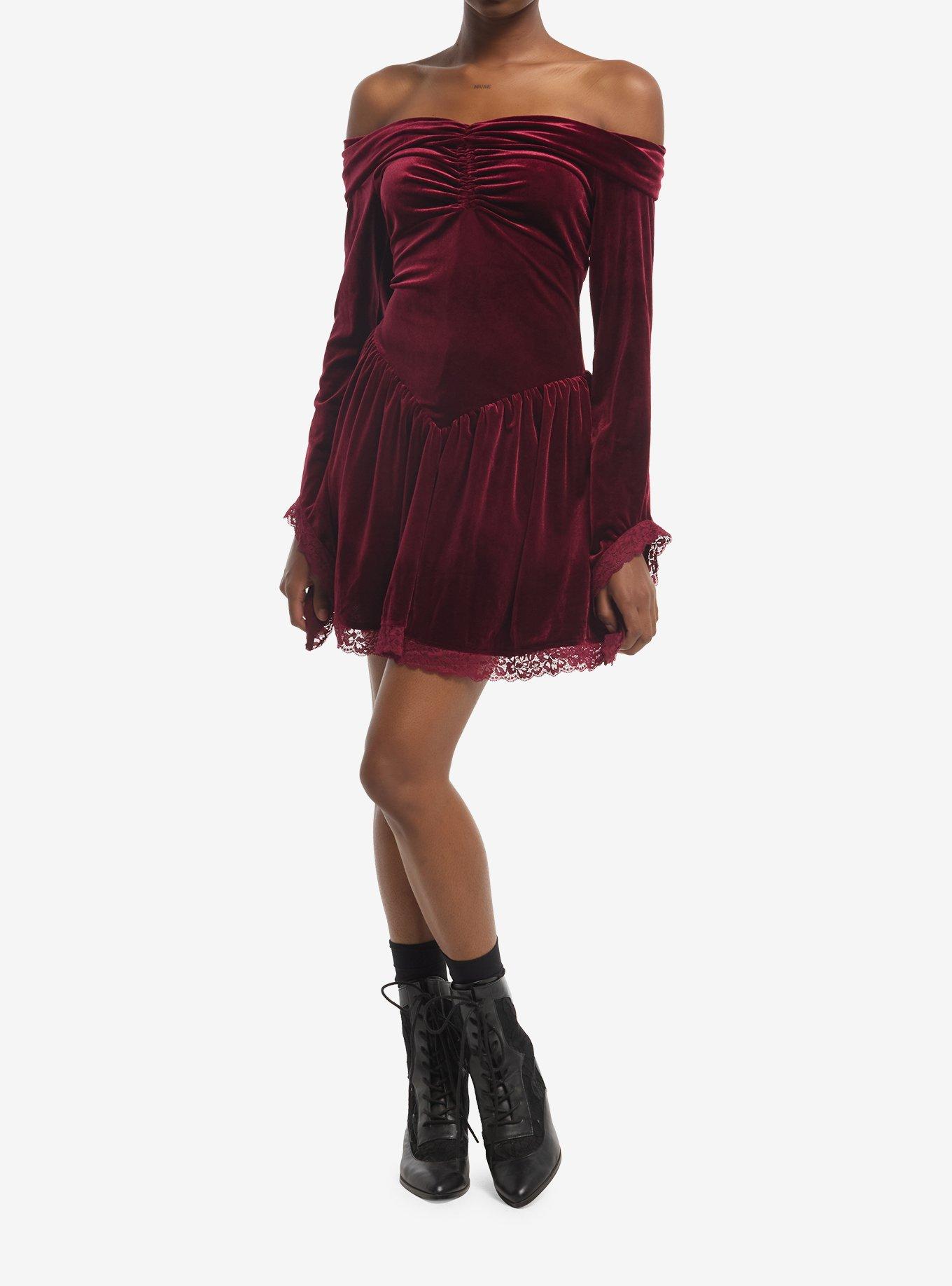 Burgundy Velvet Lace Halter Bell Sleeve Dress, MULTI, alternate - view 2