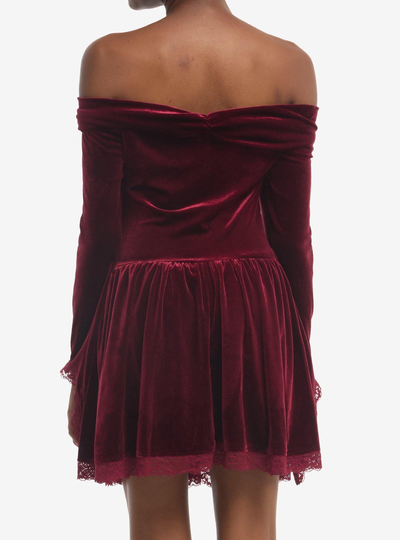 Burgundy Velvet Lace Halter Bell Sleeve Dress, MULTI, alternate - view 3