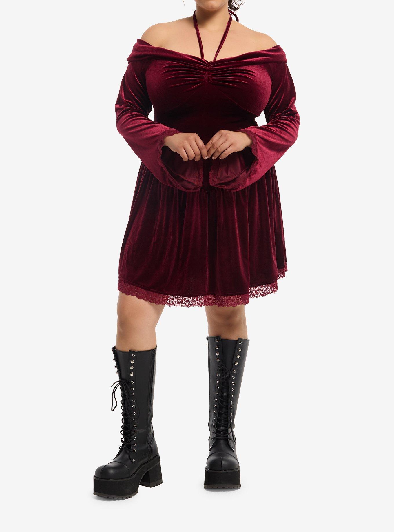 Burgundy Velvet Lace Halter Bell Sleeve Dress Plus Size, MULTI, alternate - view 2