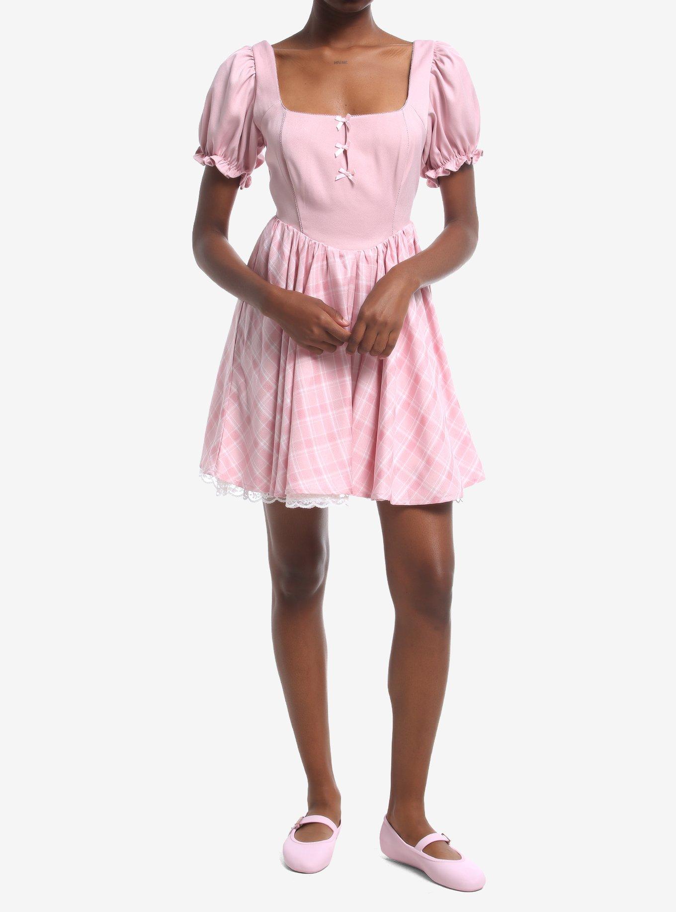 Sweet Society Pink Plaid Bow Babydoll Dress, , hi-res