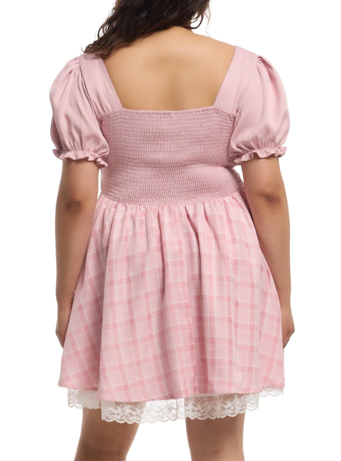 Sweet Society Pink Plaid Bow Babydoll Dress Plus Size, MULTI, alternate - view 3